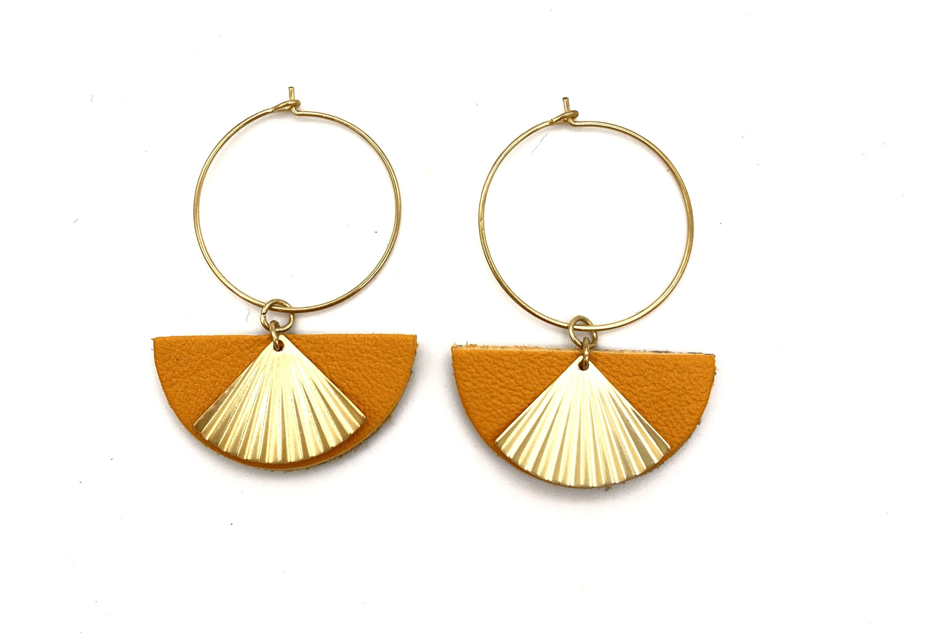 Yellow leather half moon earring