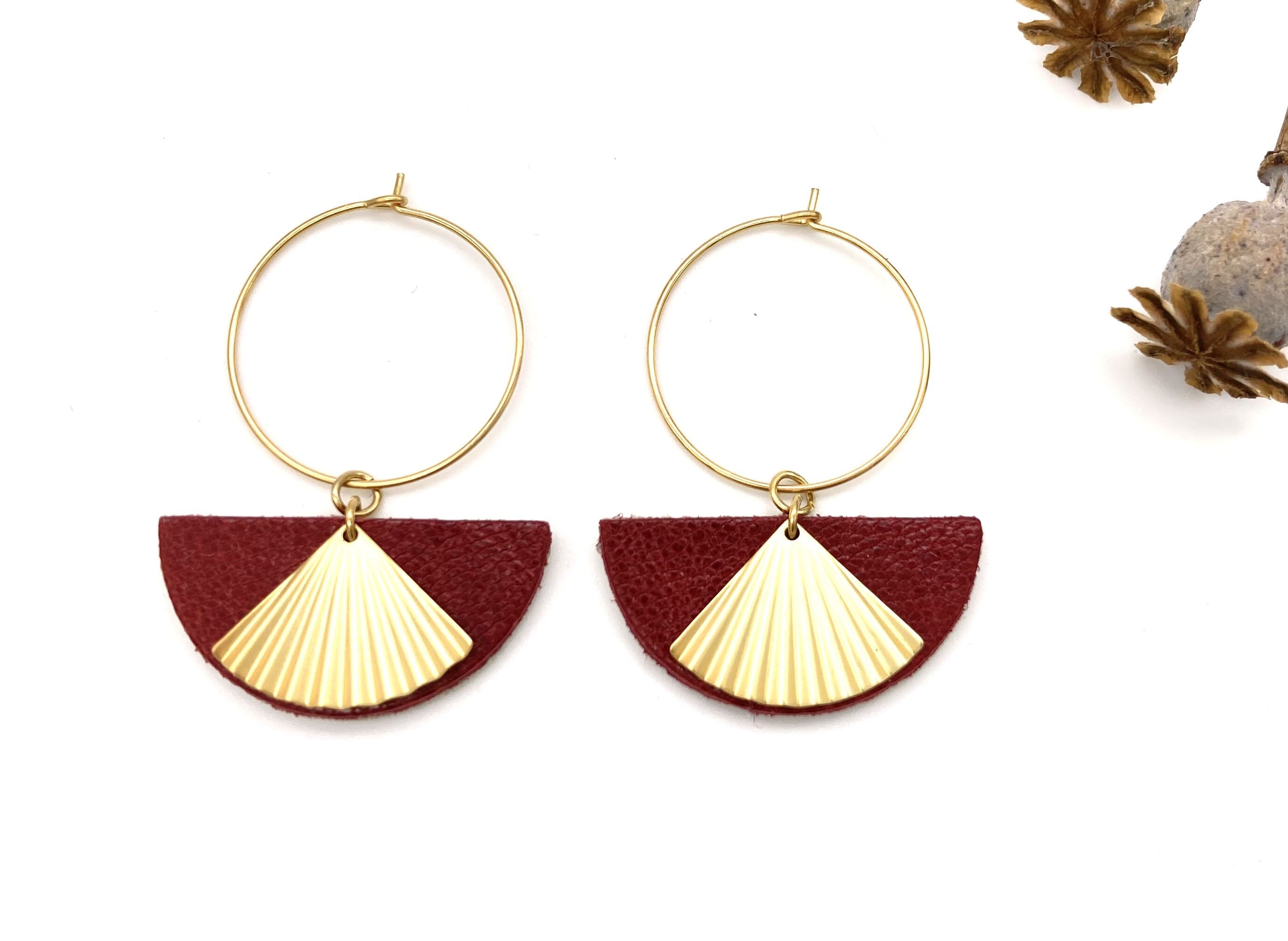 Burgundy leather half moon earring