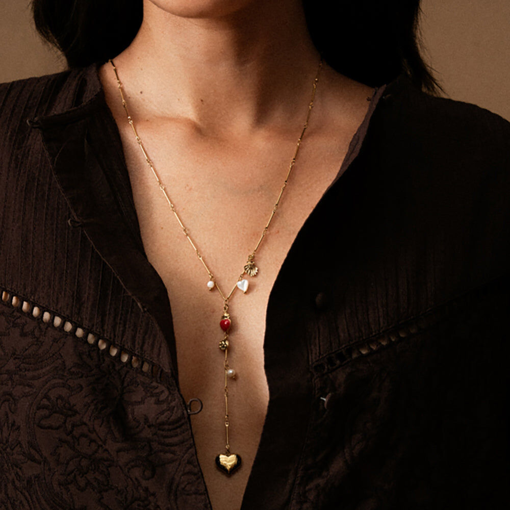 Collier Y Velora - pampilles coeurs, nacre et perles d'eau douce