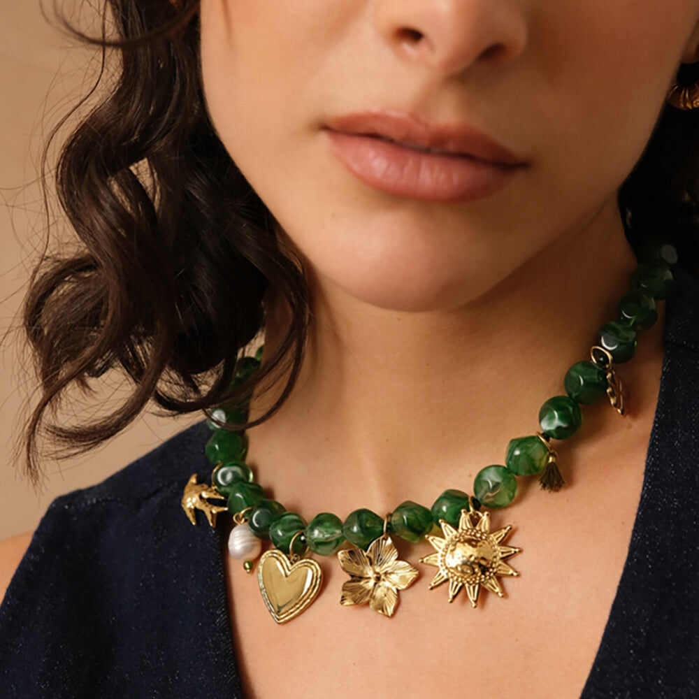 Collier Avelyne - oiseau, coeur, fleur, soleil, pompon, trèfle, perle d'eau douce