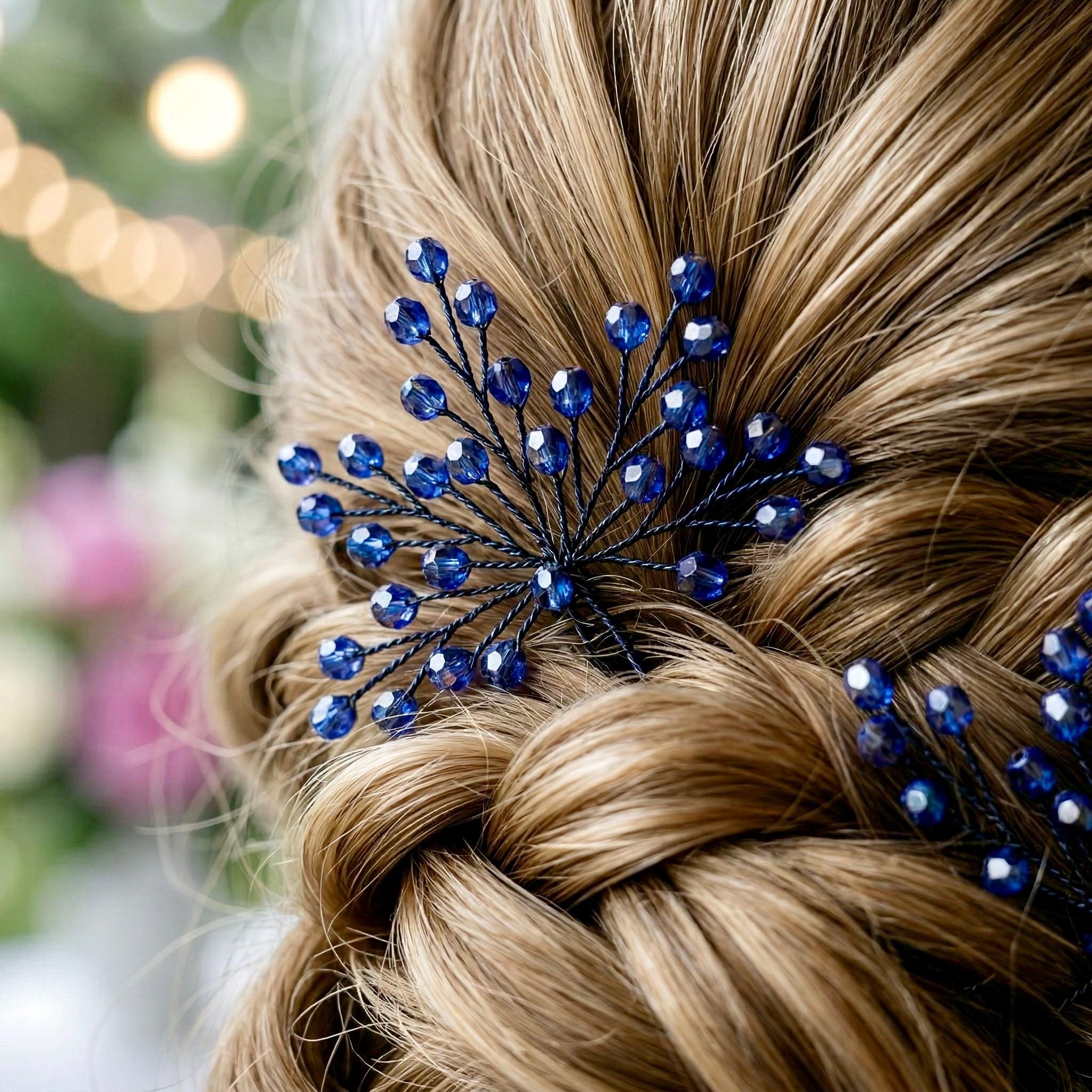 Blaue Kristall Haarnadeln für Brautfrisuren
