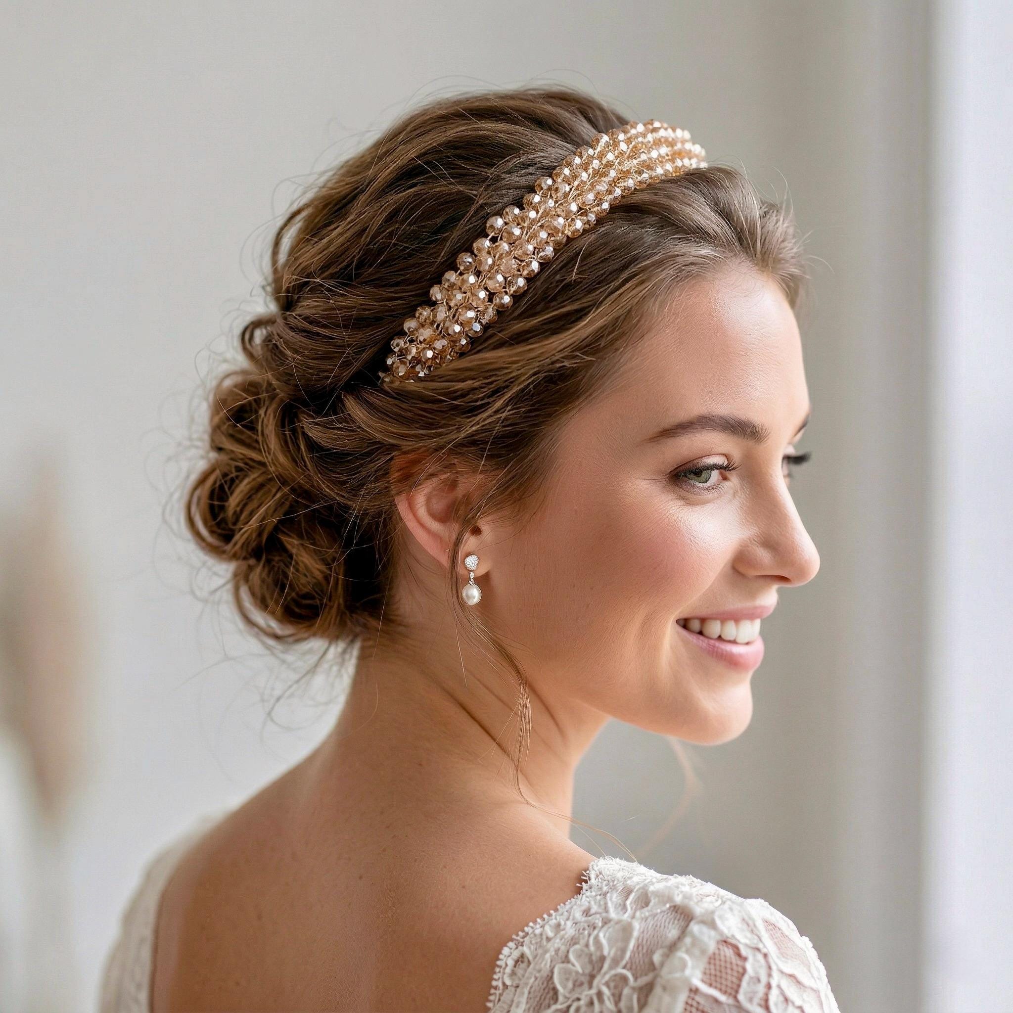 Goldfarbene Braut Tiara mit Champagner Kristallen