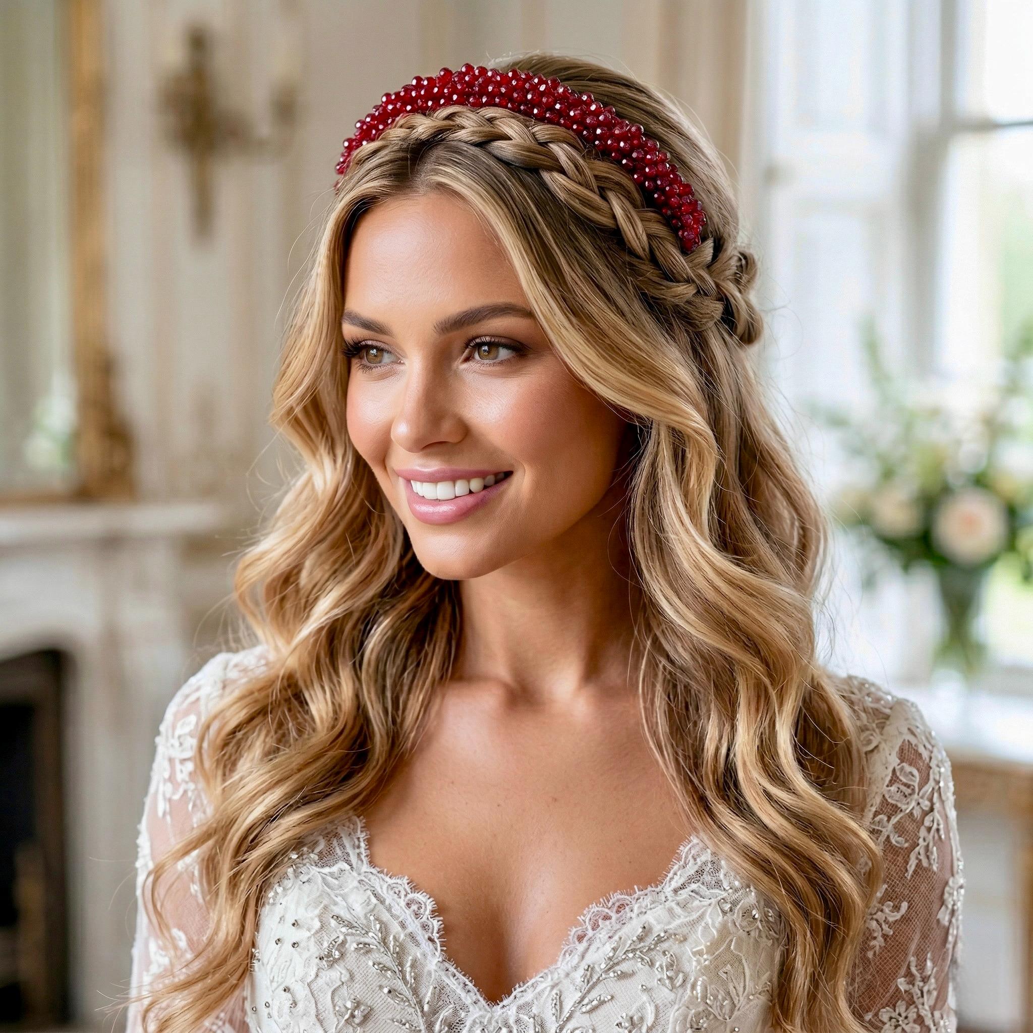 Dunkelrote Kristall Braut Tiara mit feiner Drahtarbeit