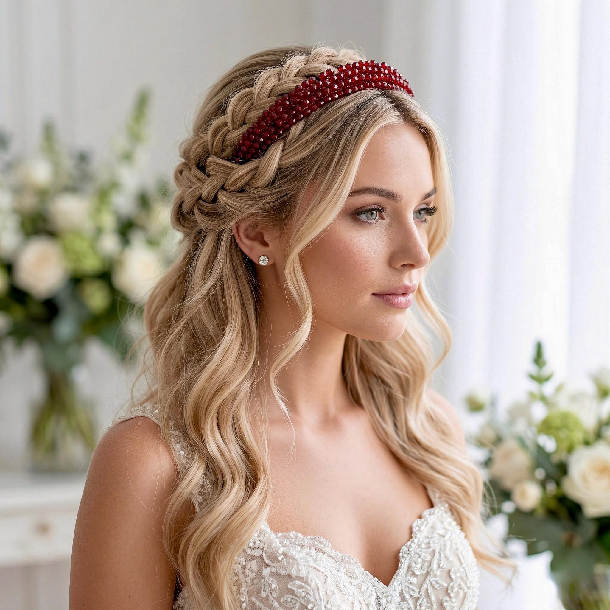 Dunkelrote Kristall Braut Tiara mit feiner Drahtarbeit