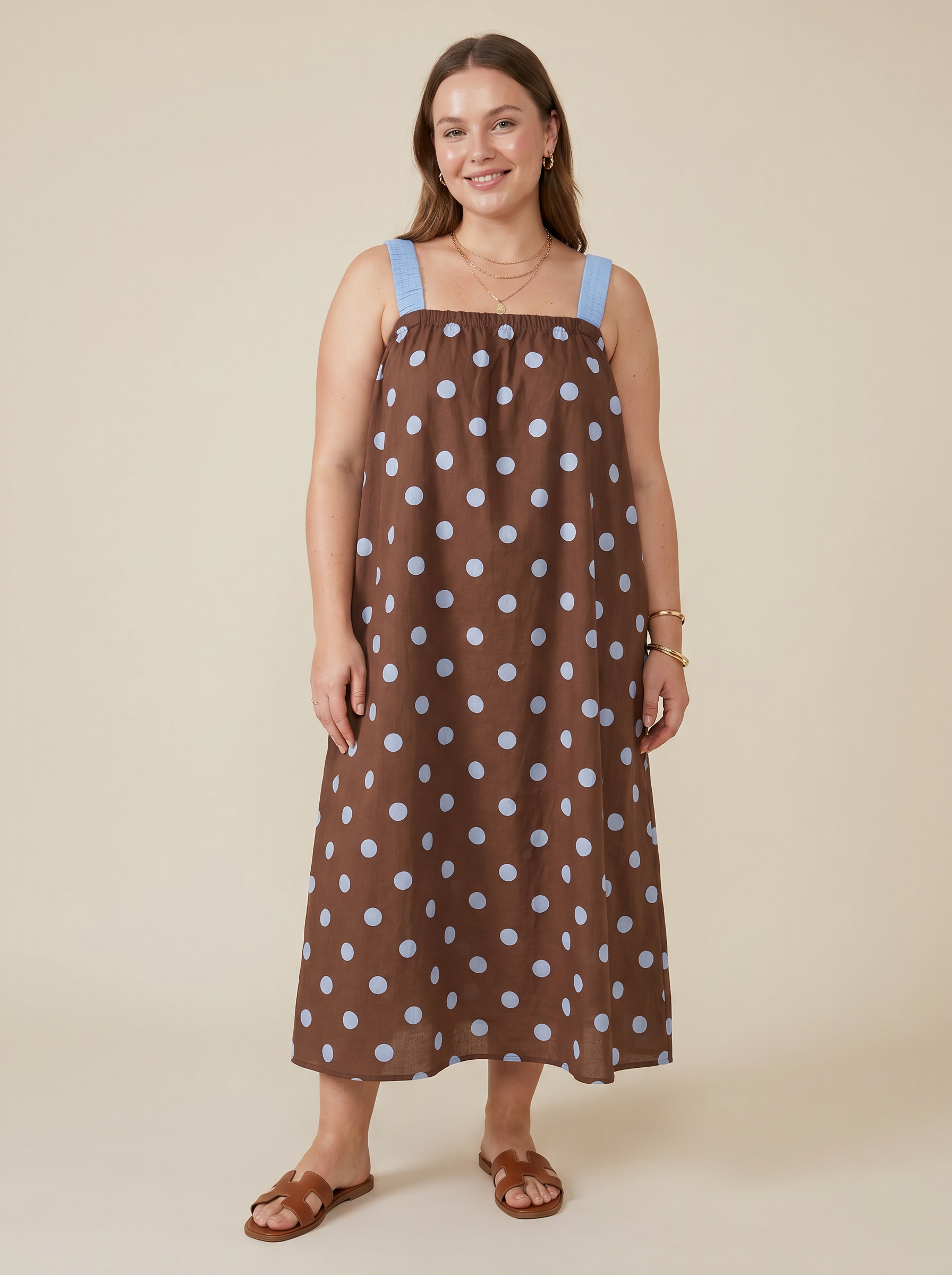 Plus size long cotton summer dress - 7953 POLKA DOTS