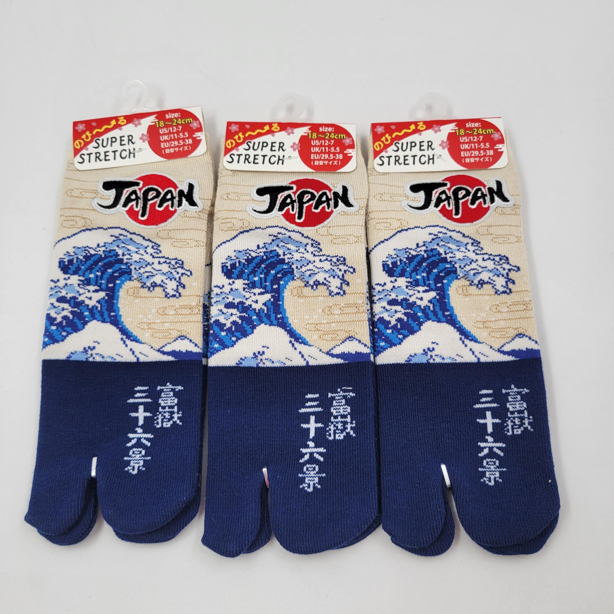 Japanese Tabi socks in cotton with Hokusai wave pattern, size FR 29.5-38