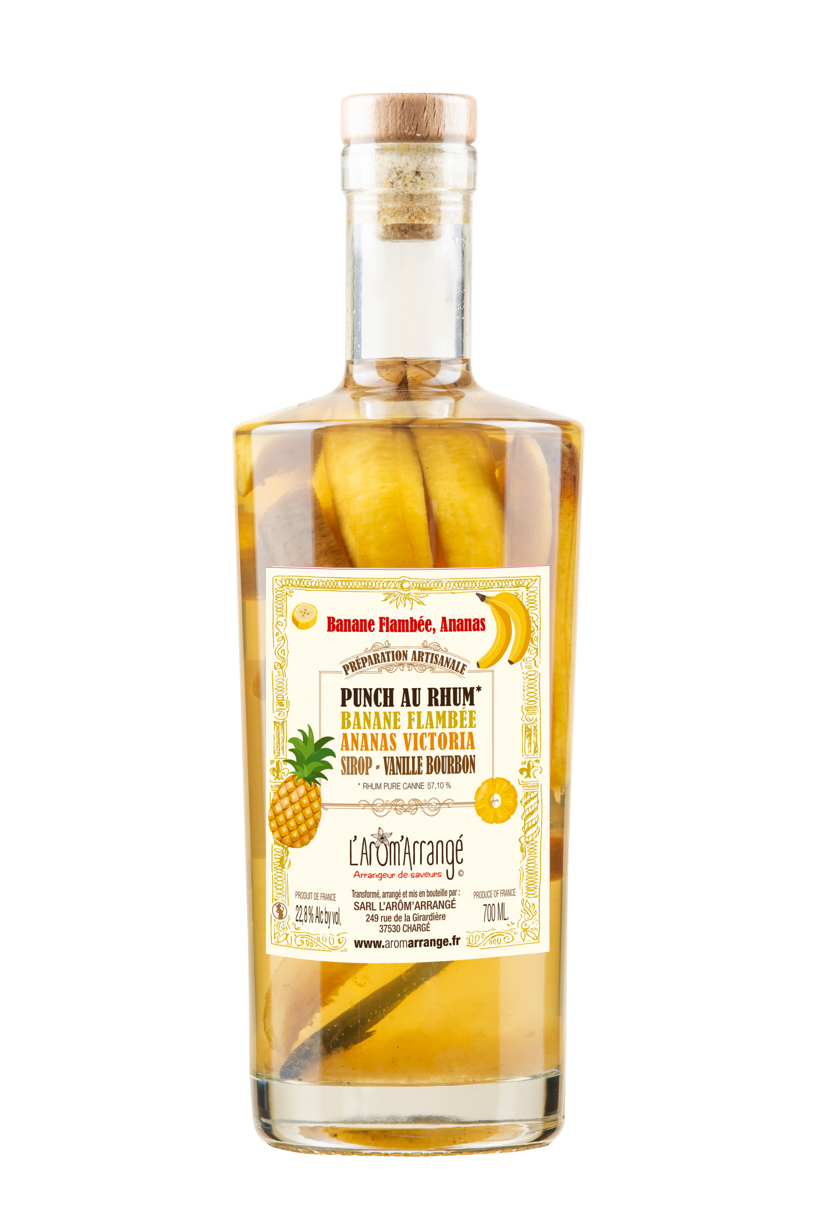 Rum Punch with Flambéed Banana and Pineapple 70 cl | Artisanal Flavored Rum | Handcrafted in Amboise