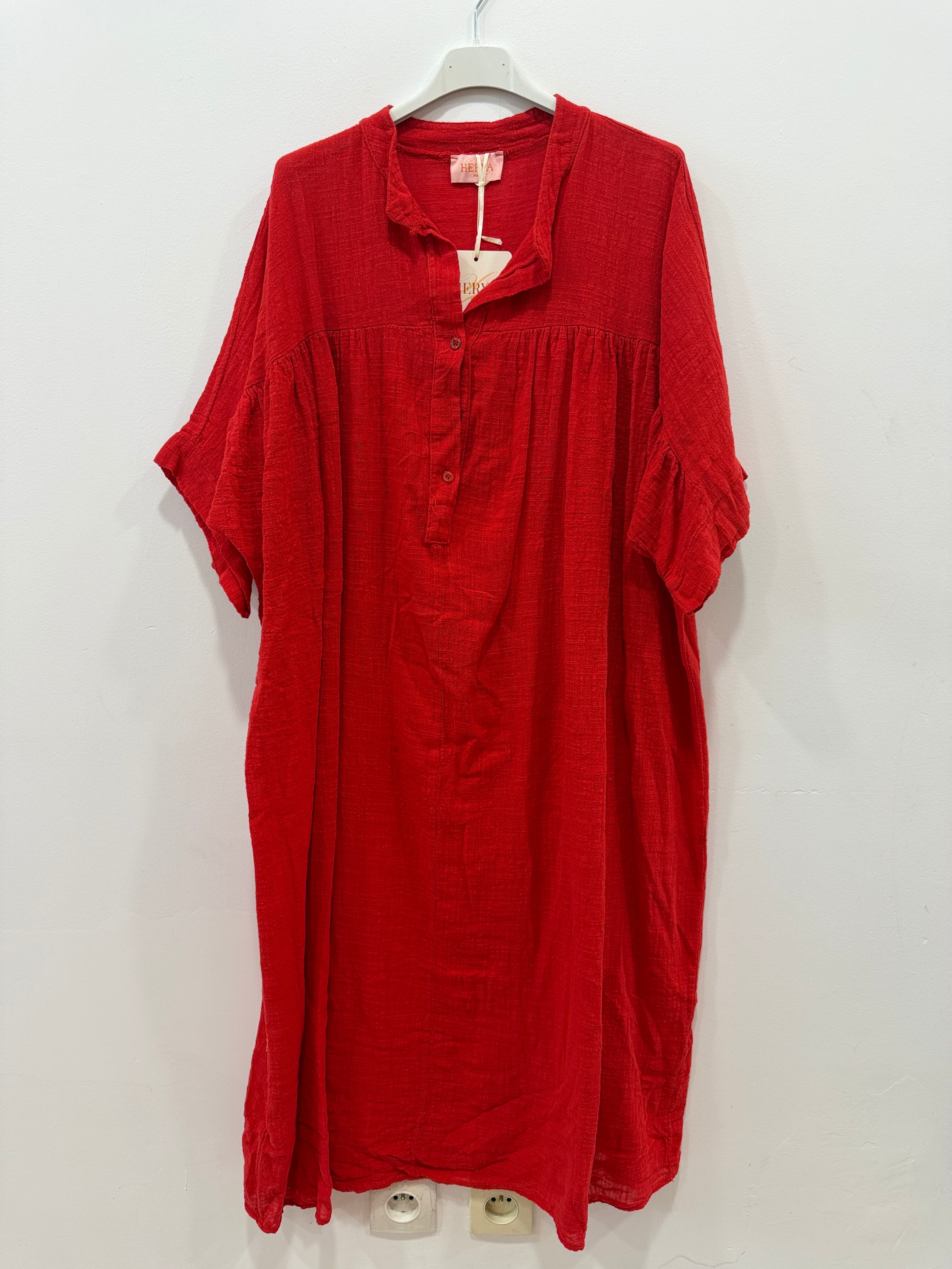 Robe tunique longue ample en lin coton mélangé manches courtes tombantes col mao s'ouvrant sur une demi-patte de boutonnage