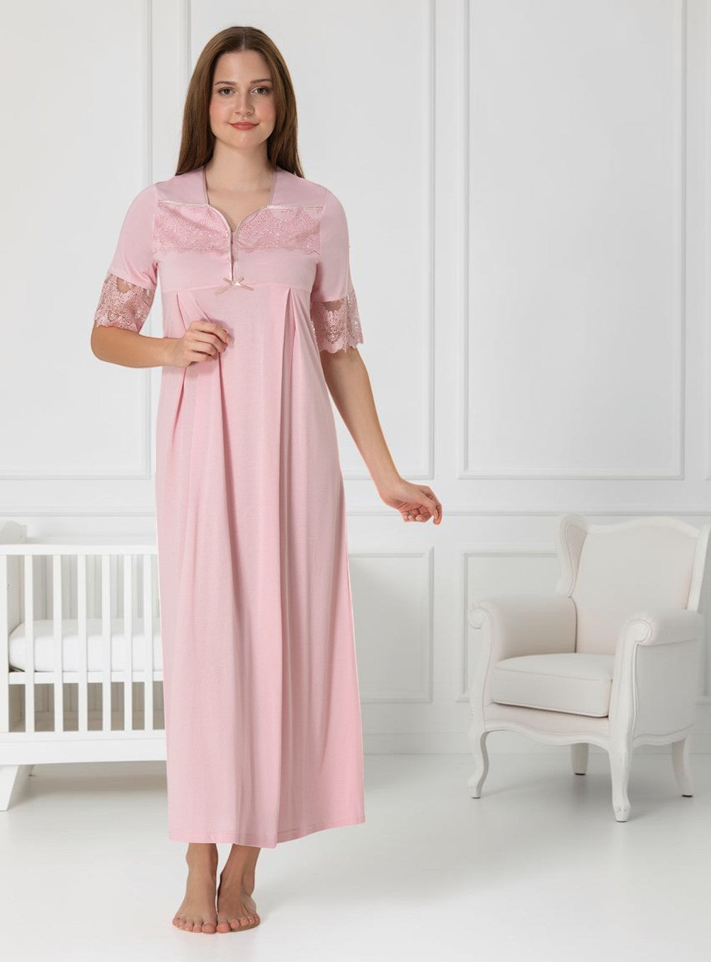 Pink Maternity Nightie – Lace Cuff Button