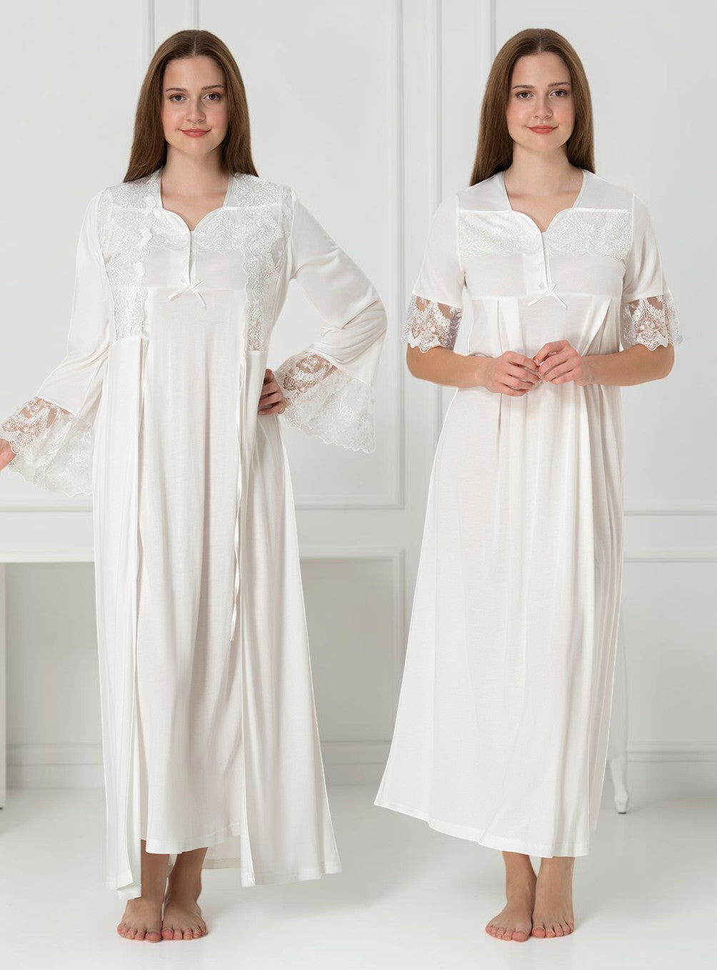 White Nightie & Robe Set – Bell Cuff Lace Yoke
