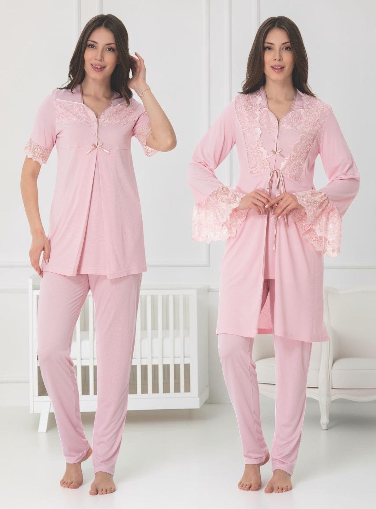 Pink Pyjama & Robe Set – Bell Cuff Lace
