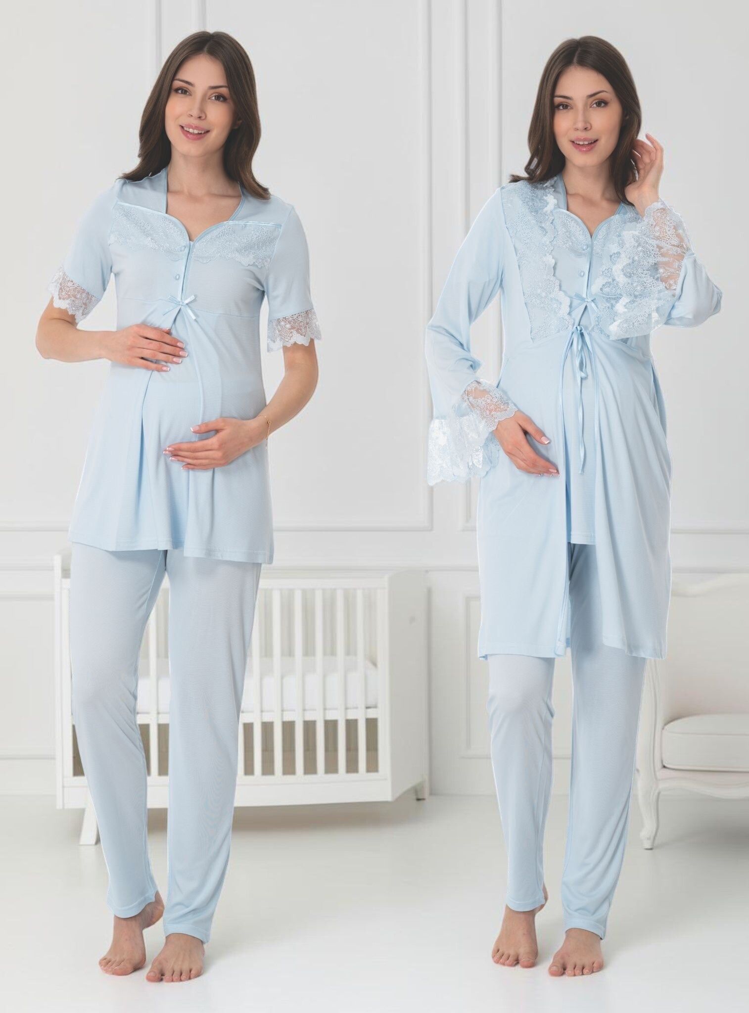 Blue Pyjama & Robe Set – Bell Cuff Lace