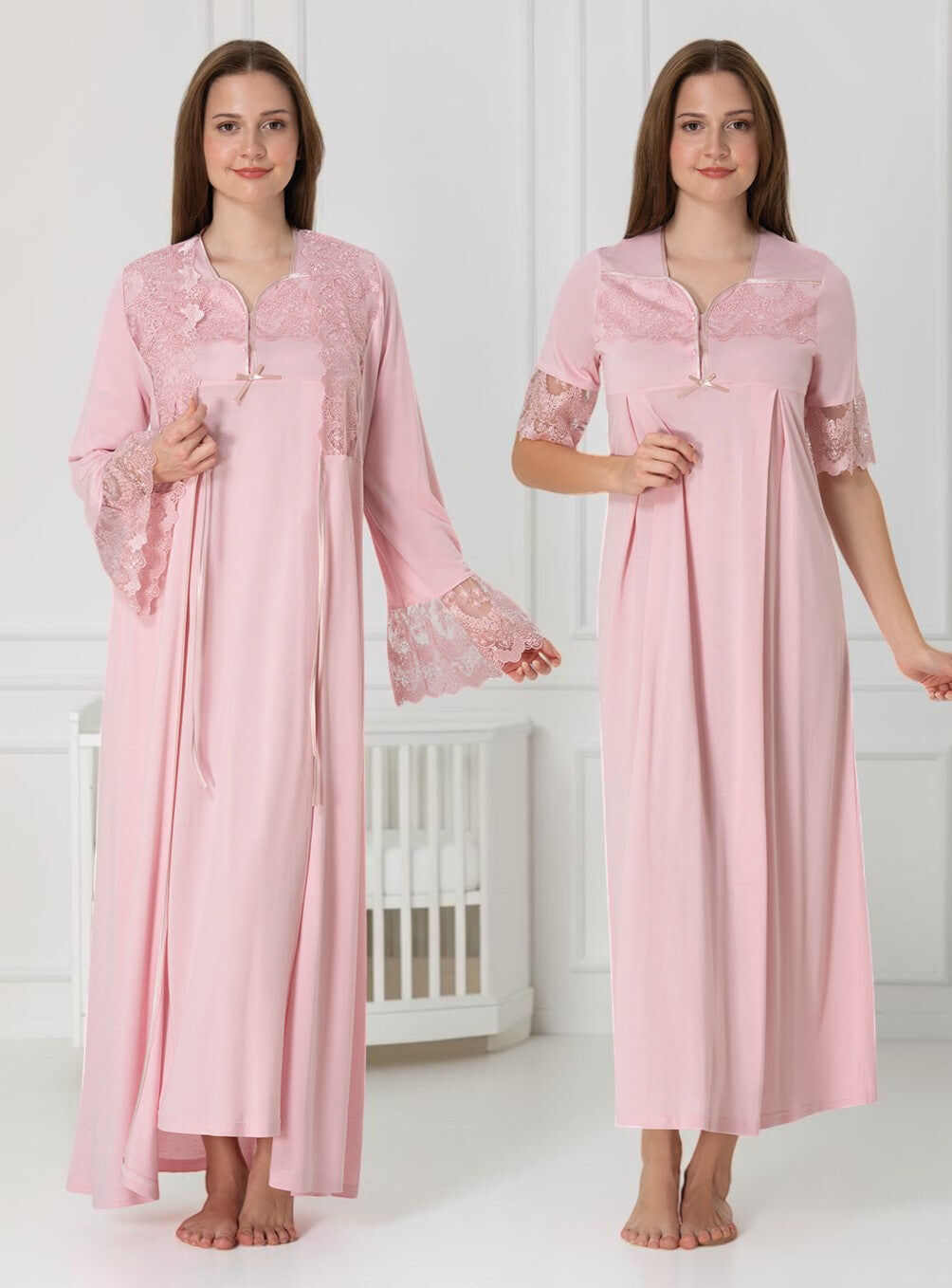 Pink Nightie & Robe Set – Bell Cuff Lace Yoke