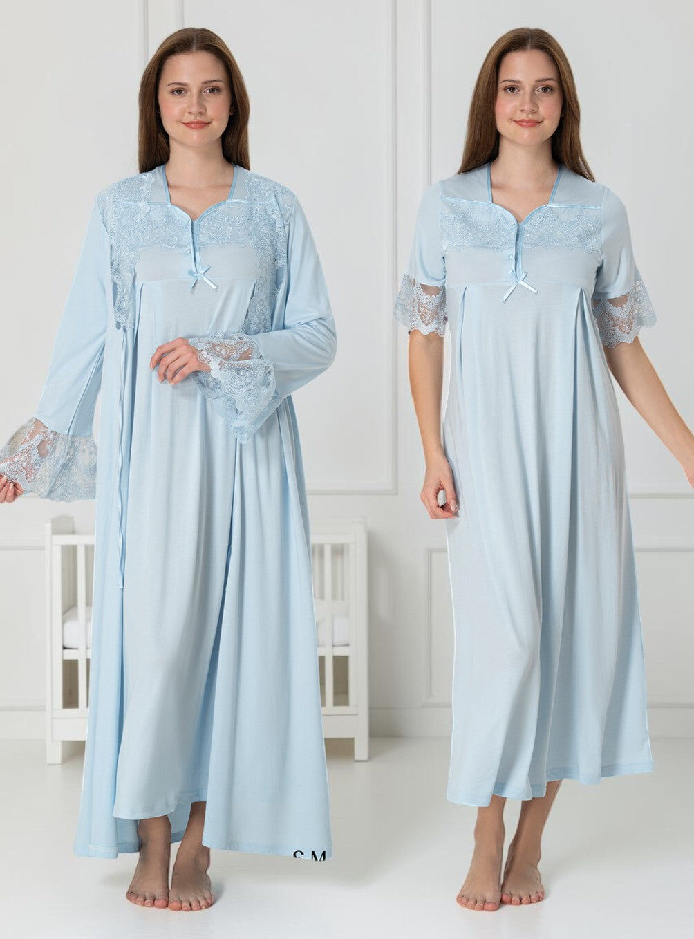 Blue Nightie & Robe Set – Bell Cuff Lace Yoke