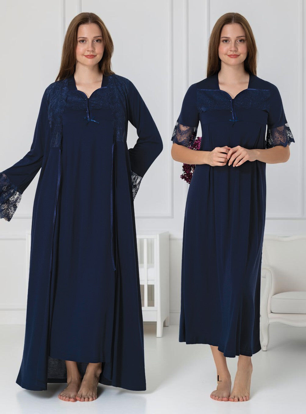 Navy Nightie & Robe Set – Bell Cuff Lace Yoke