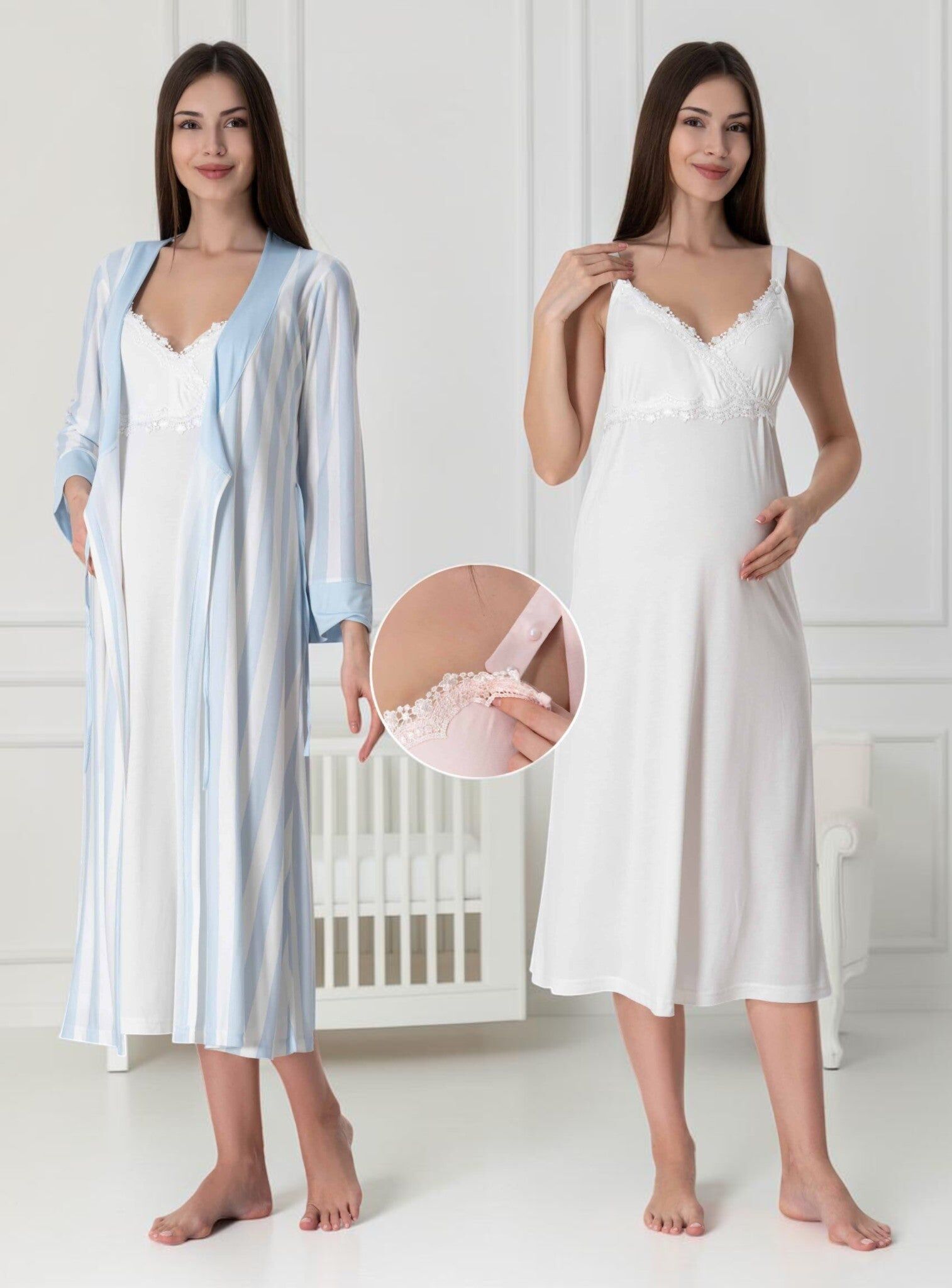 Blue Nightie & Robe Set – Striped Lace Bib