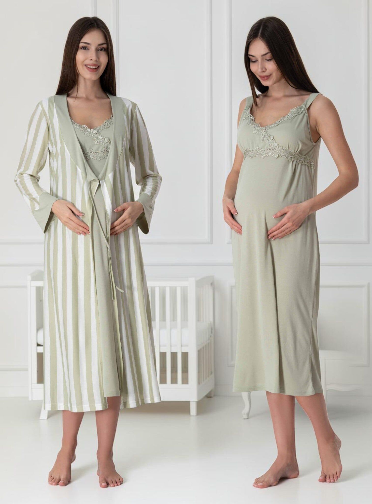 Green Nightie & Robe Set – Striped Lace Bib