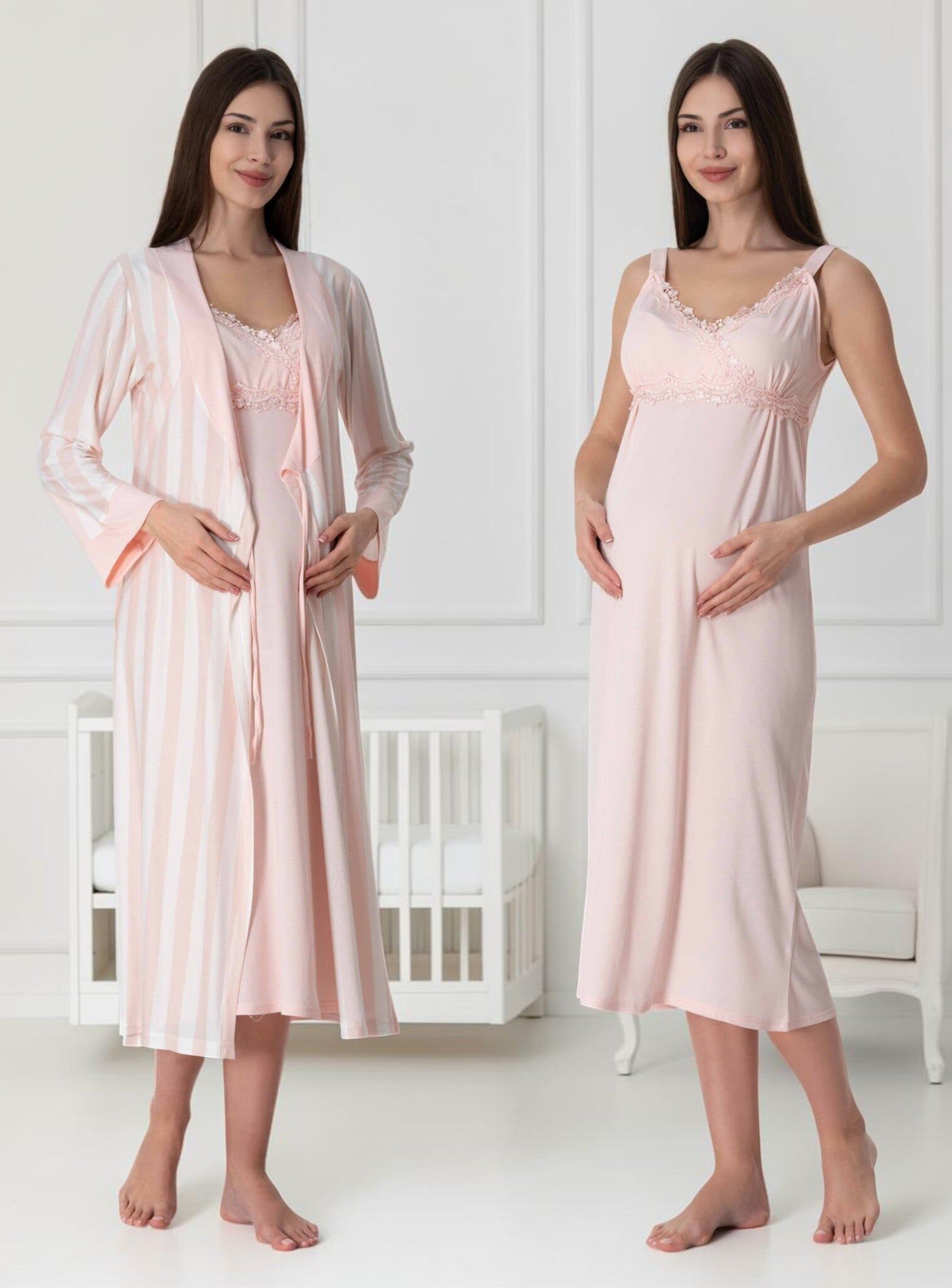 Salmon Nightie & Robe Set – Striped Lace Bib