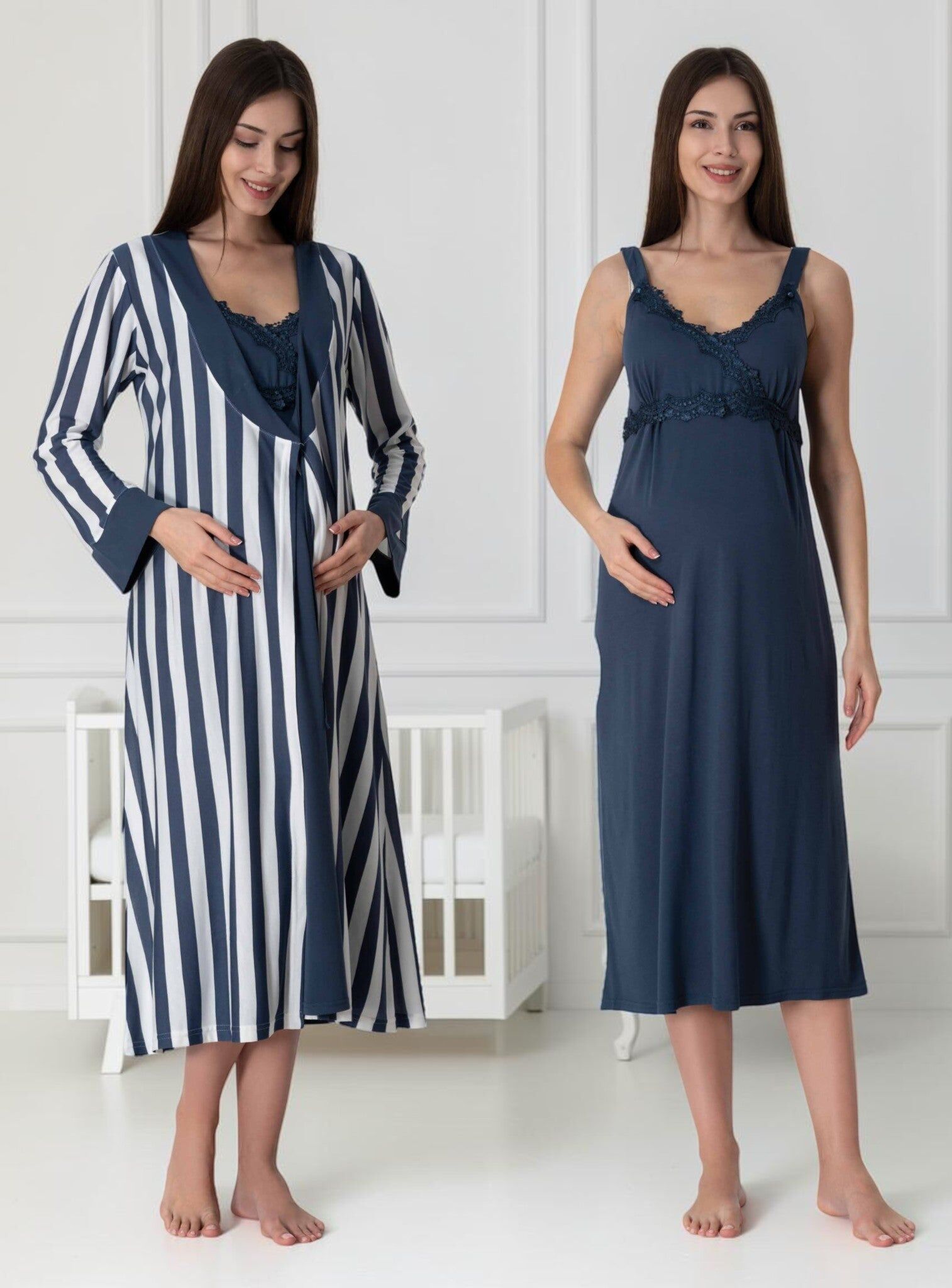 Navy Nightie & Robe Set – Striped Lace Bib