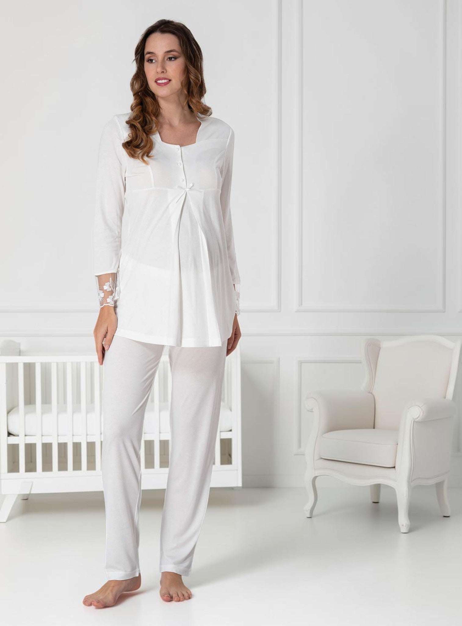 White Maternity Pyjamas – Lace Cuff Pleat