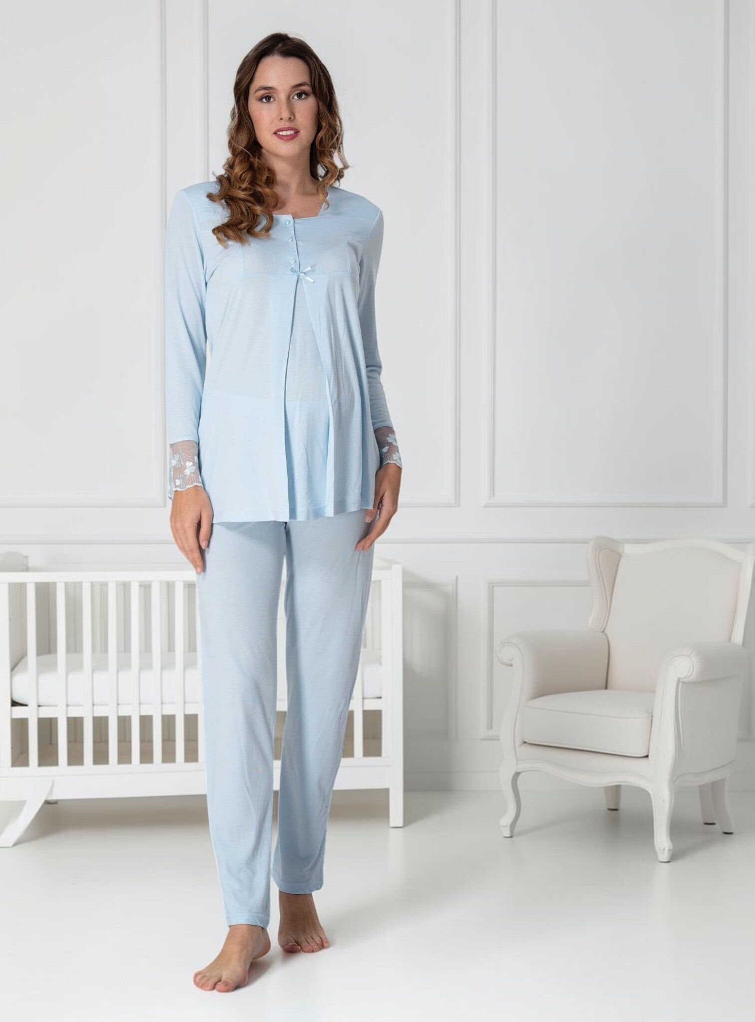 Blue Maternity Pyjamas – Lace Cuff Pleat