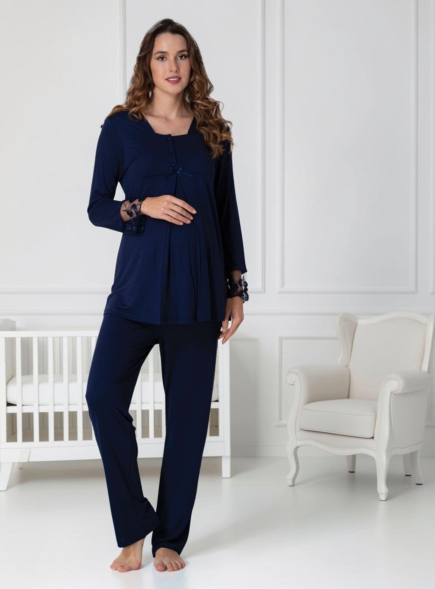 Navy Maternity Pyjamas – Lace Cuff Pleat