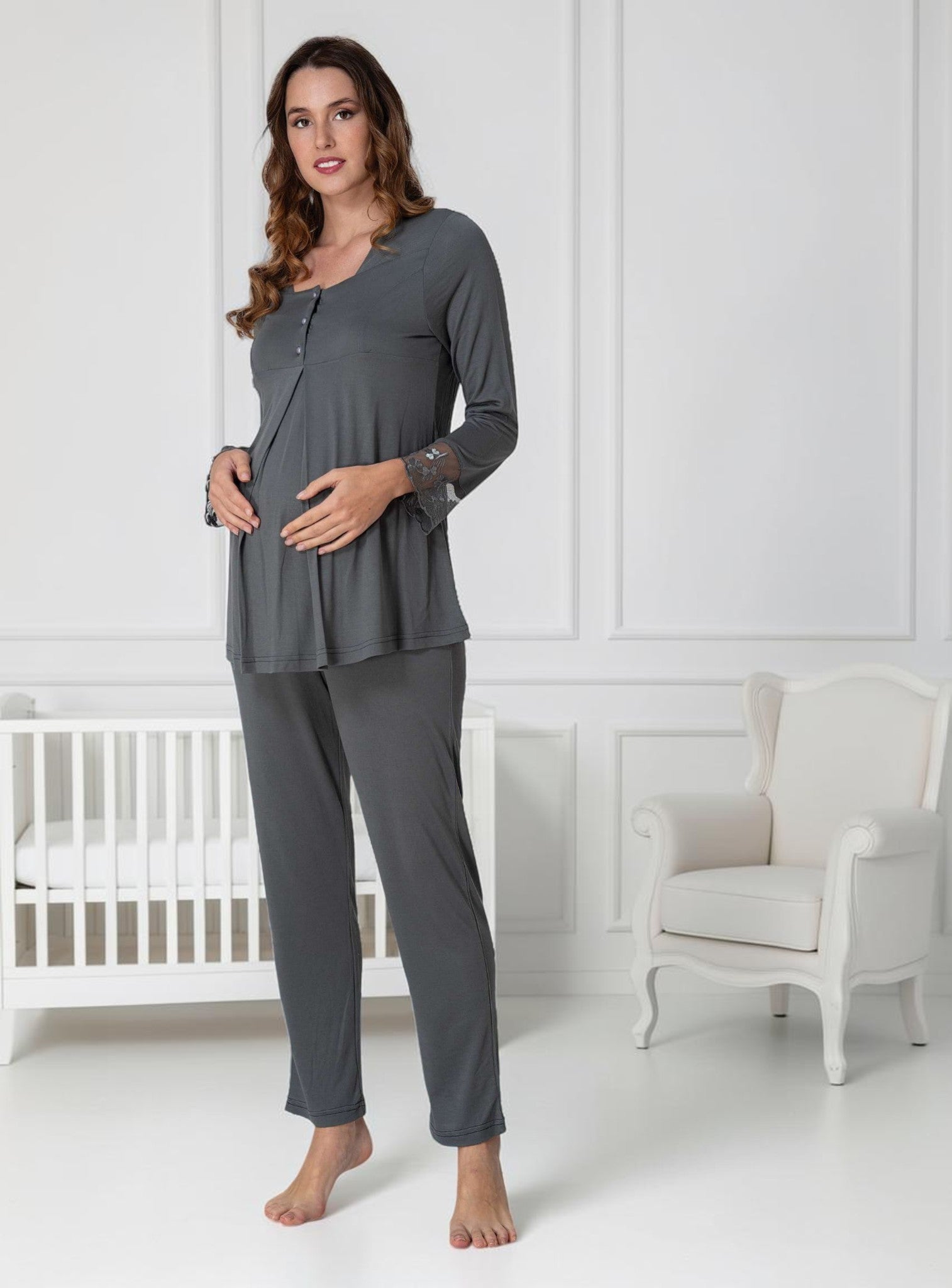 Grey Maternity Pyjamas – Lace Cuff Pleat