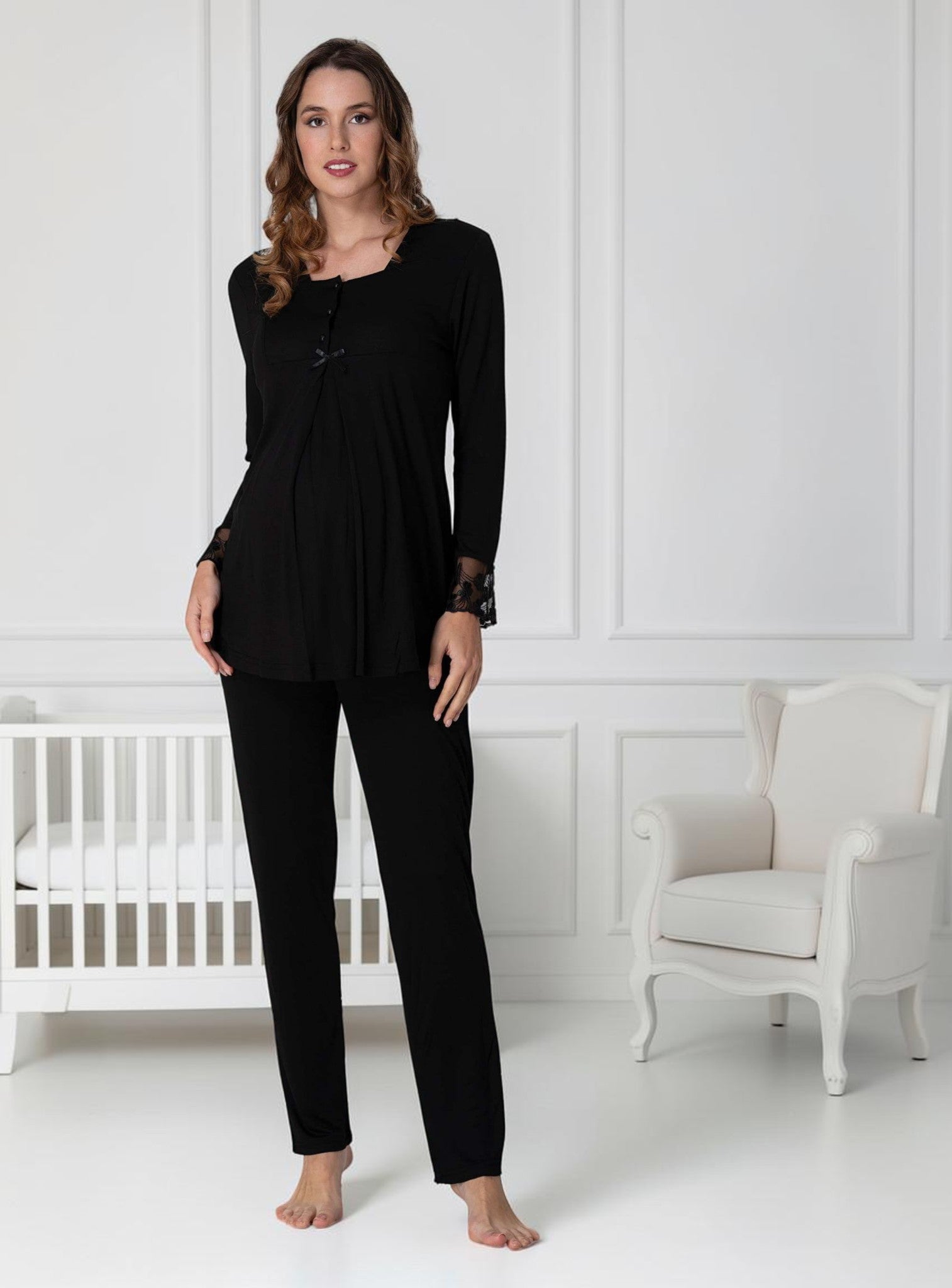 Black Maternity Pyjamas – Lace Cuff Pleat