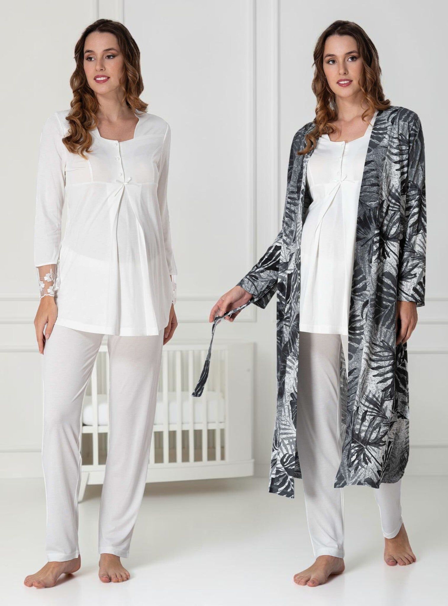 White Pyjama & Robe Set – Tropical Leaf