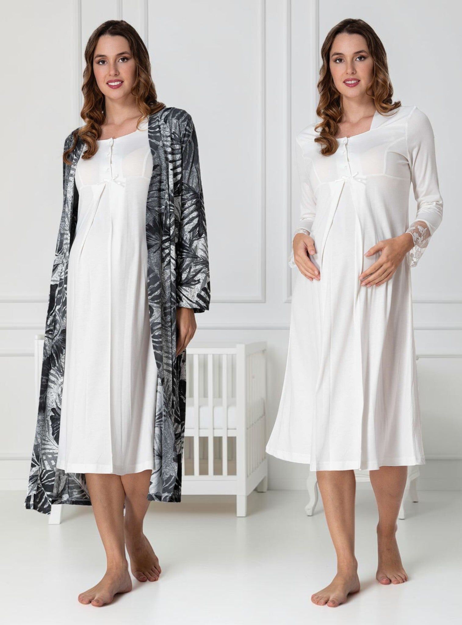 White Nightie & Robe Set – Leaf Print Maxi