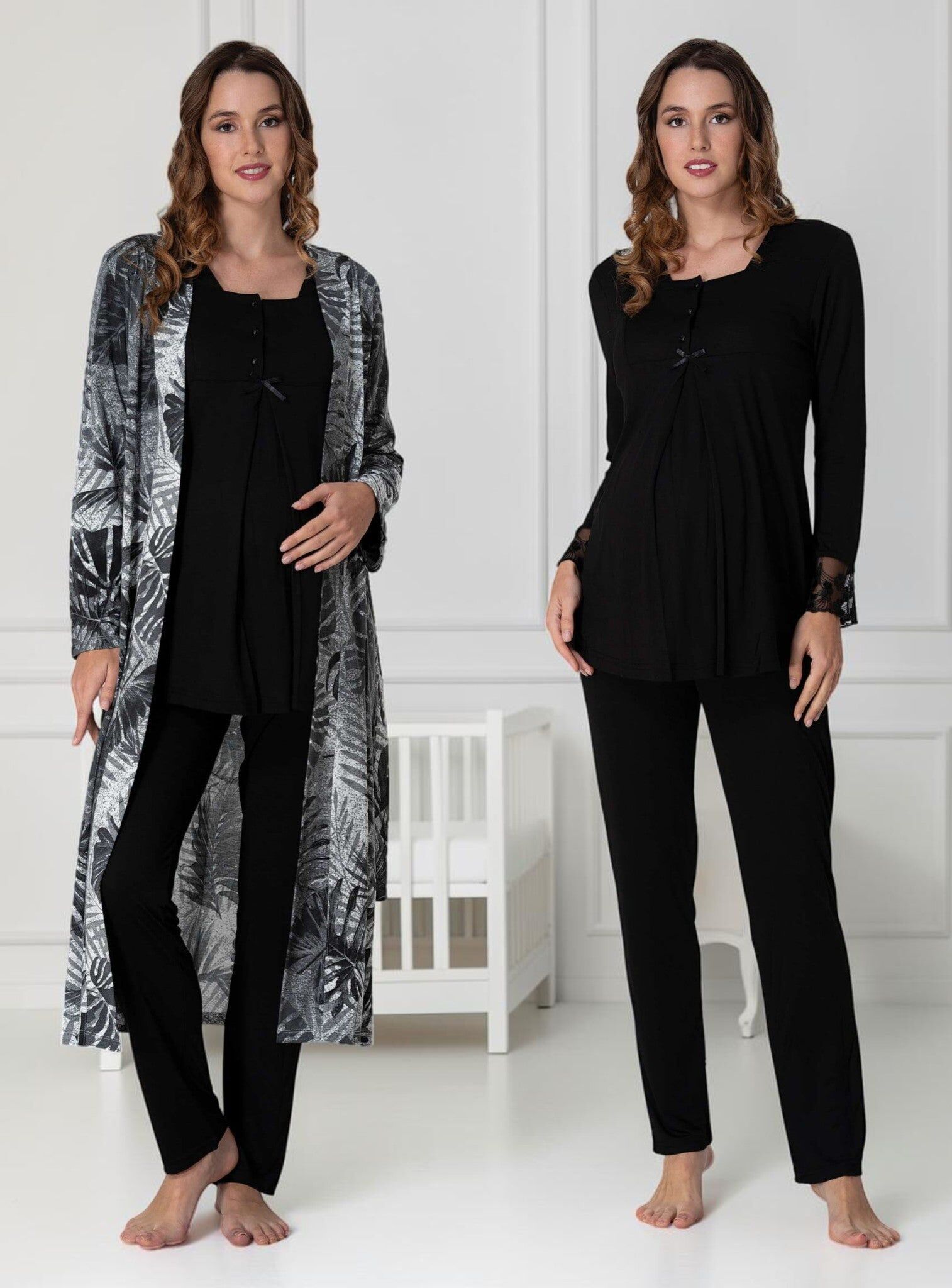 Black Pyjama & Robe Set – Tropical Leaf