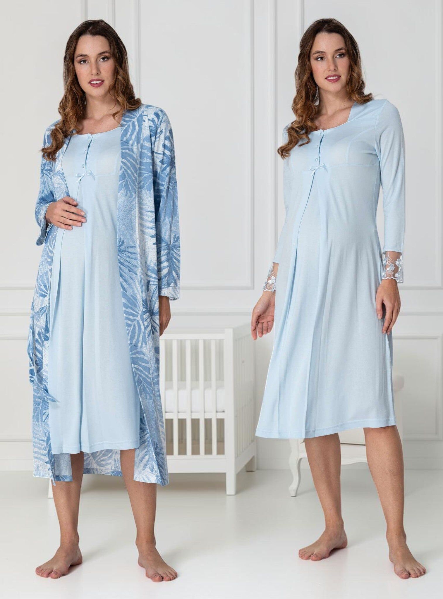 Blue Nightie & Robe Set – Leaf Print Maxi