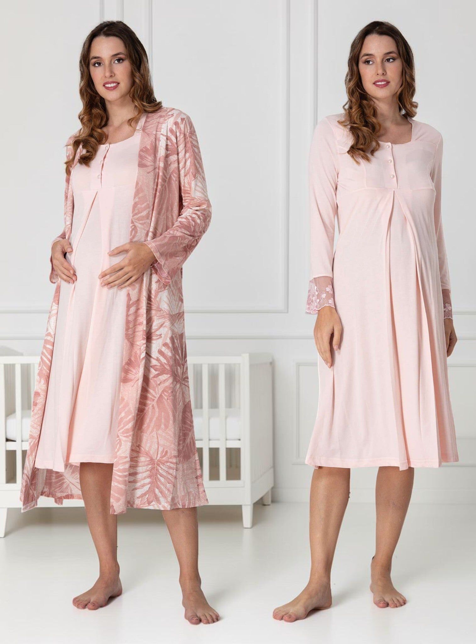 Salmon Nightie & Robe Set – Leaf Print Maxi