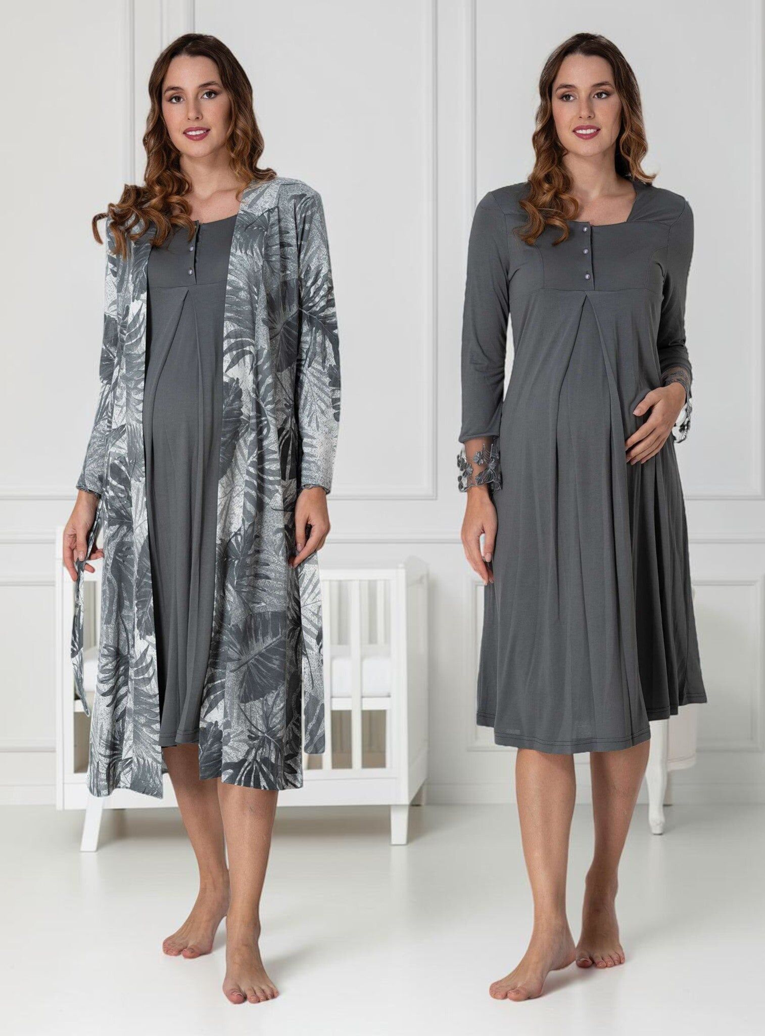 Grey Nightie & Robe Set – Leaf Print Maxi
