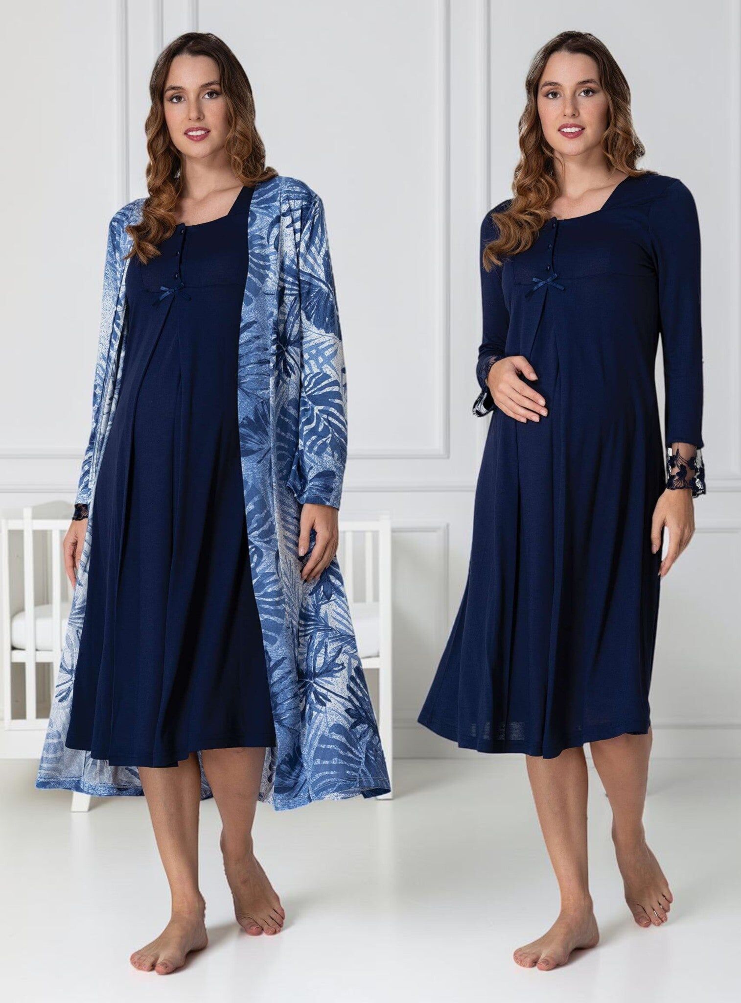 Navy Nightie & Robe Set – Leaf Print Maxi