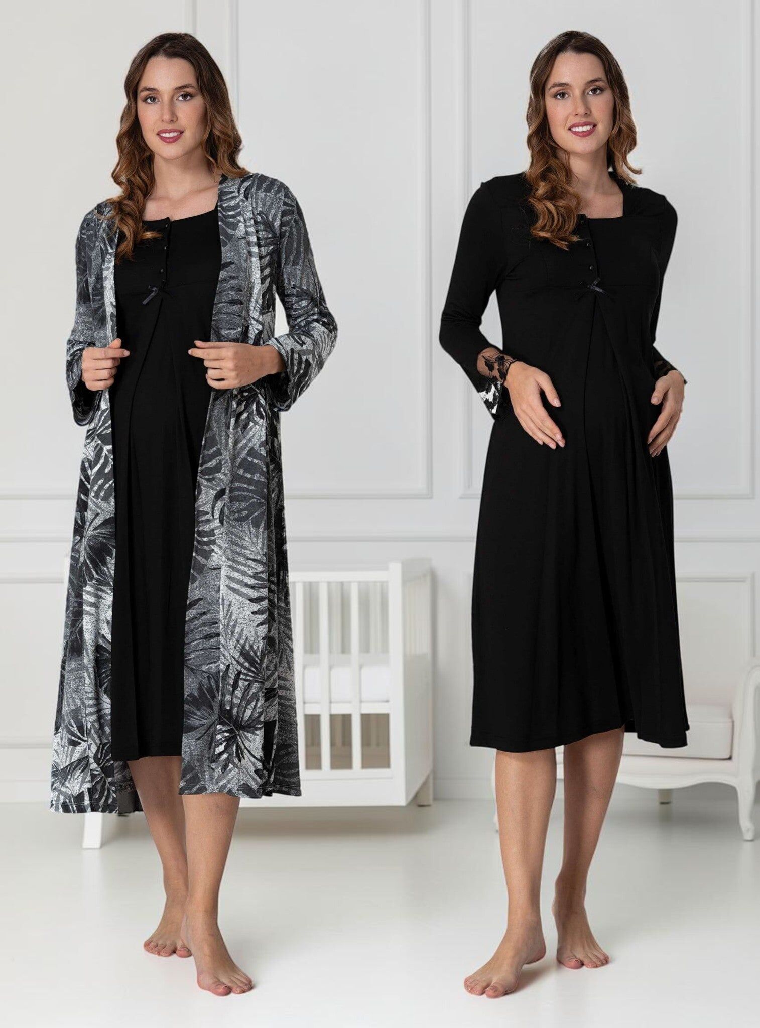 Black Nightie & Robe Set – Leaf Print Maxi