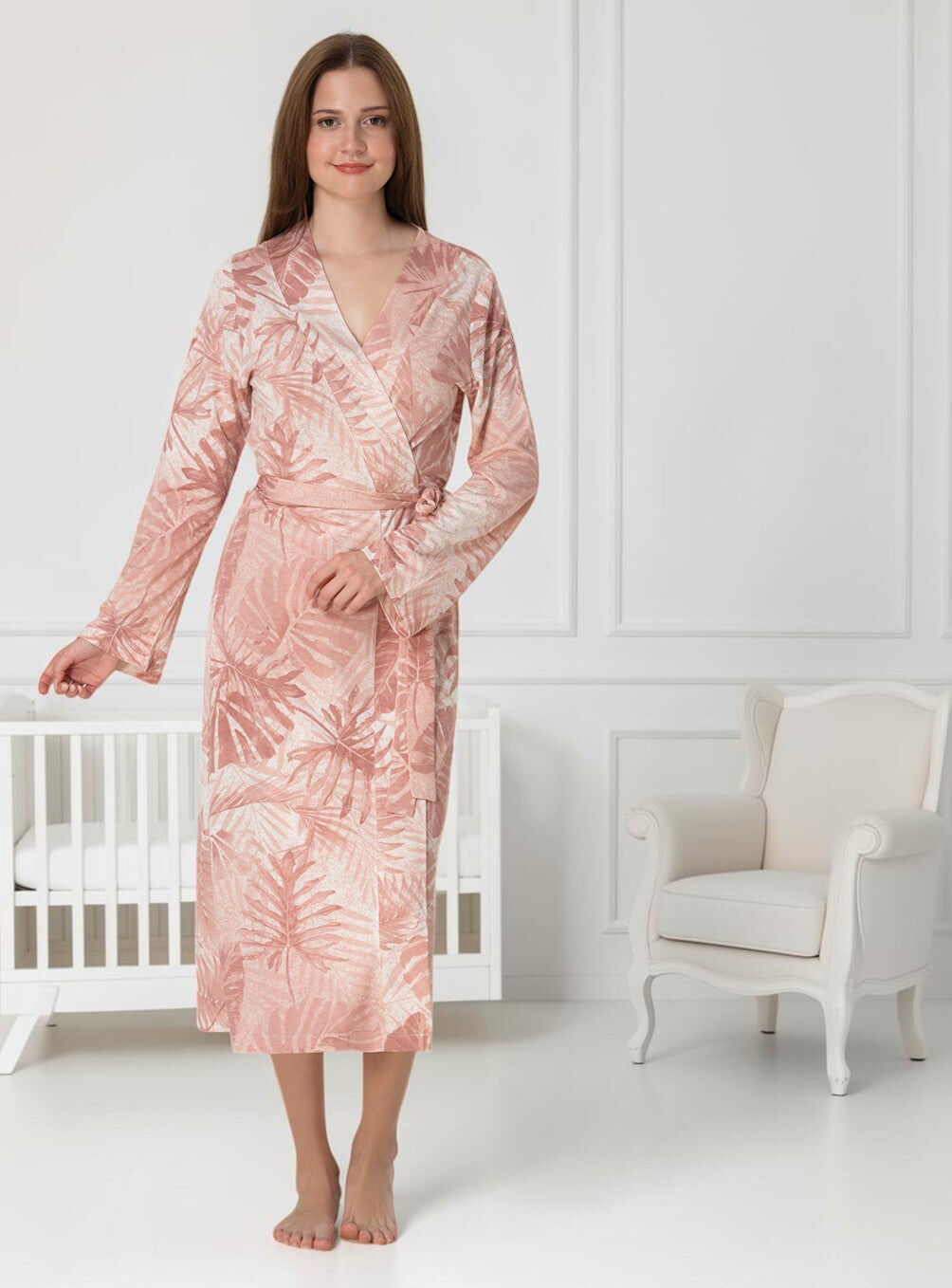 Salmon Maternity Robe – Tropical Leaf