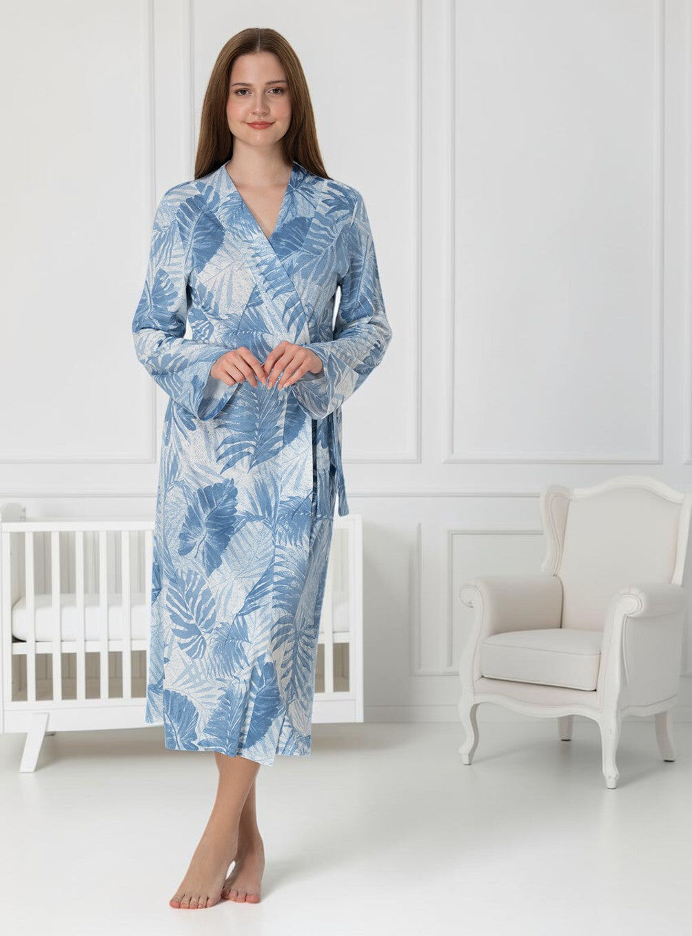 Blue Maternity Robe – Tropical Leaf