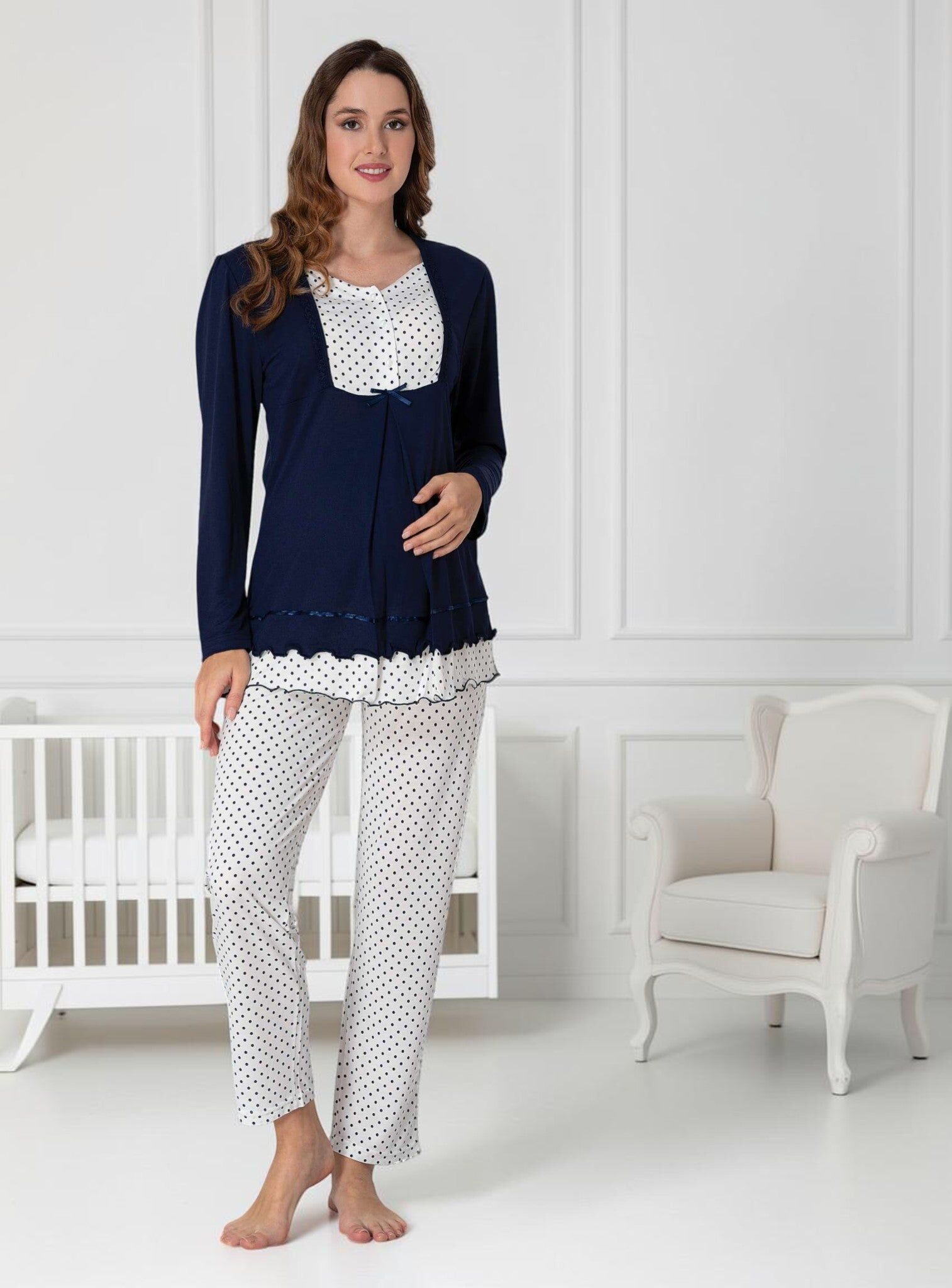 Navy Maternity Pyjamas – Polka Dot Ruffle