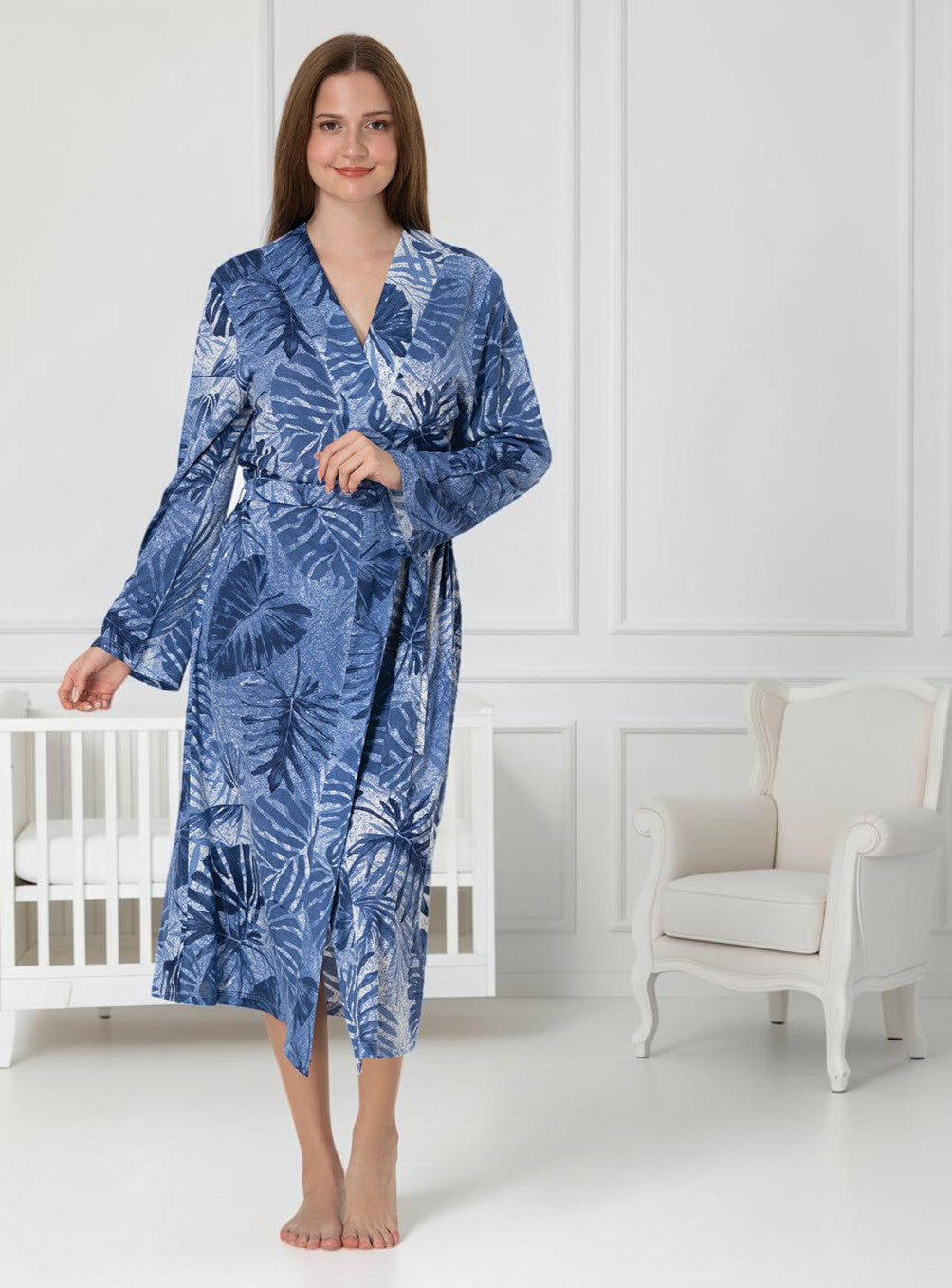 Navy Maternity Robe – Tropical Leaf