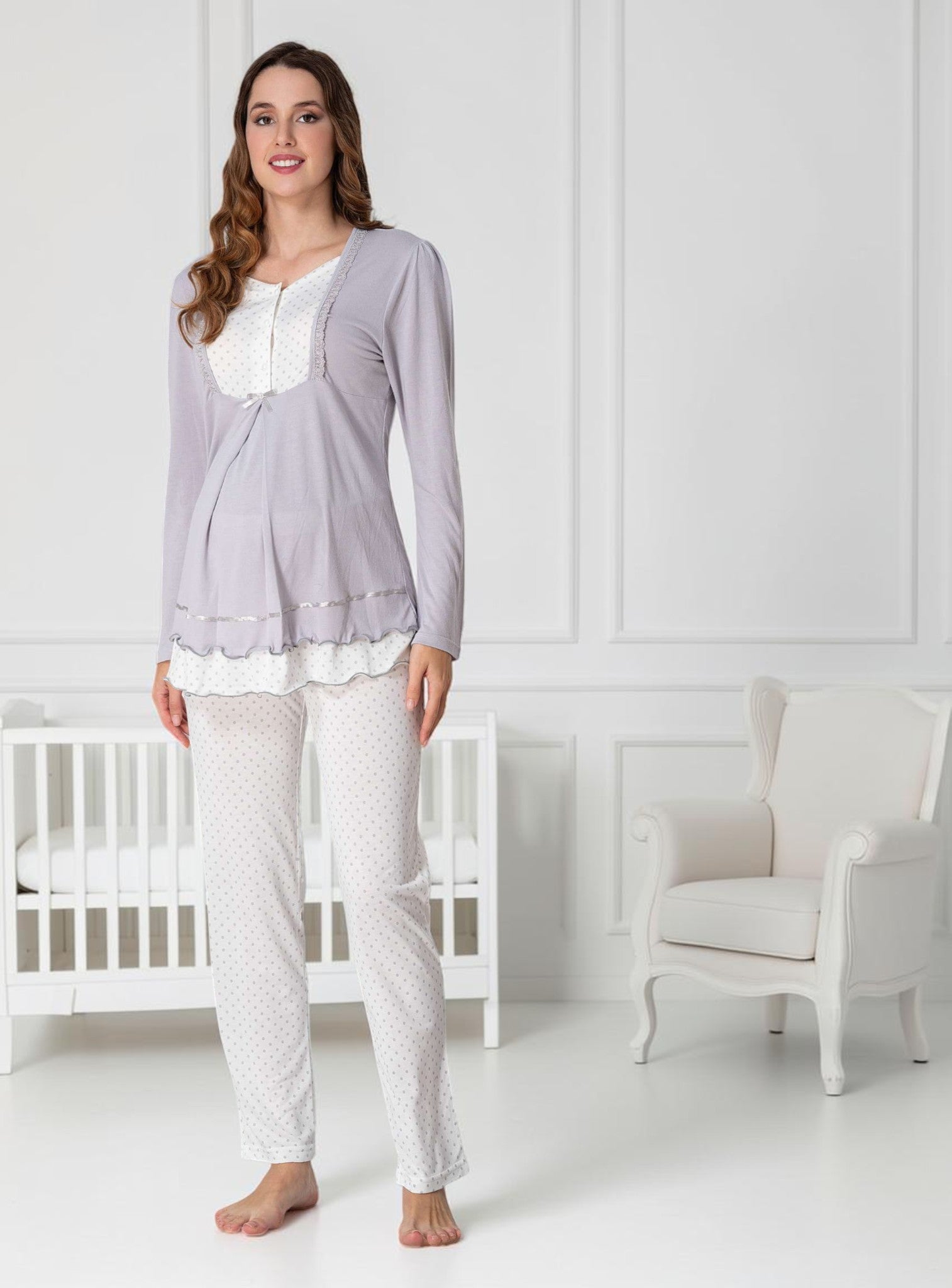Grey Maternity Pyjamas – Polka Dot Ruffle