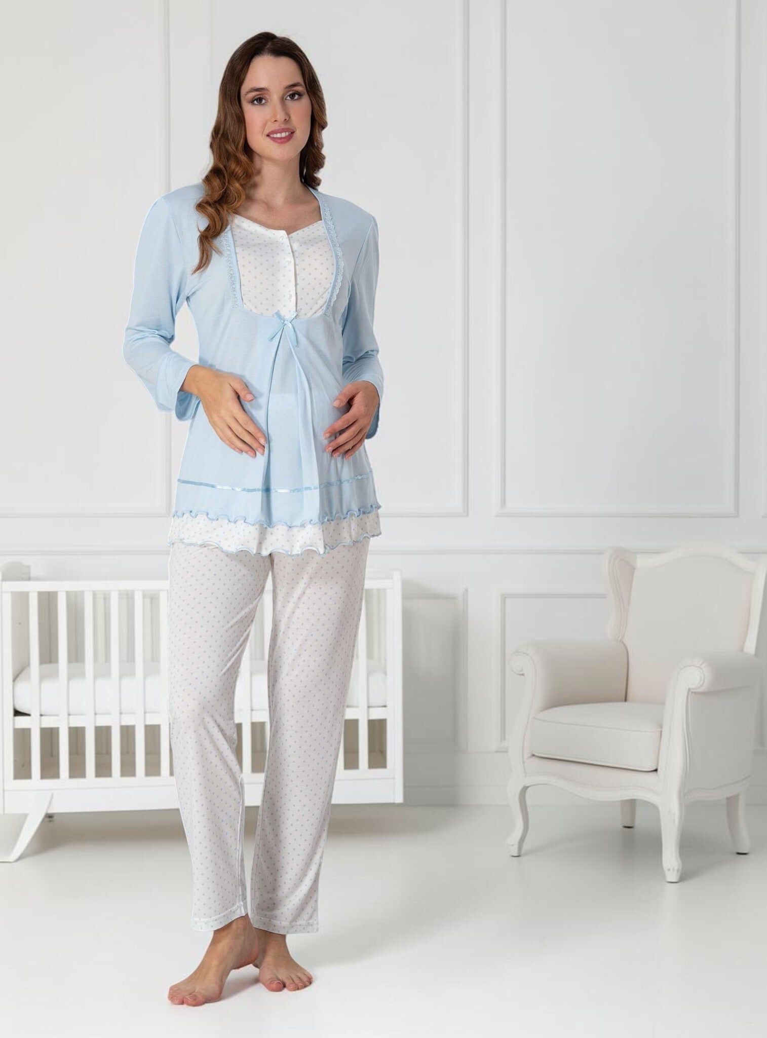 Blue Maternity Pyjamas – Polka Dot Ruffle
