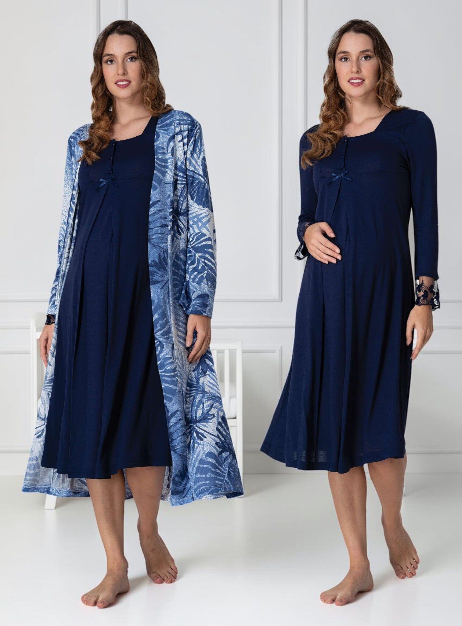 Navy Nightie & Robe Set – Leaf Empire Pleat
