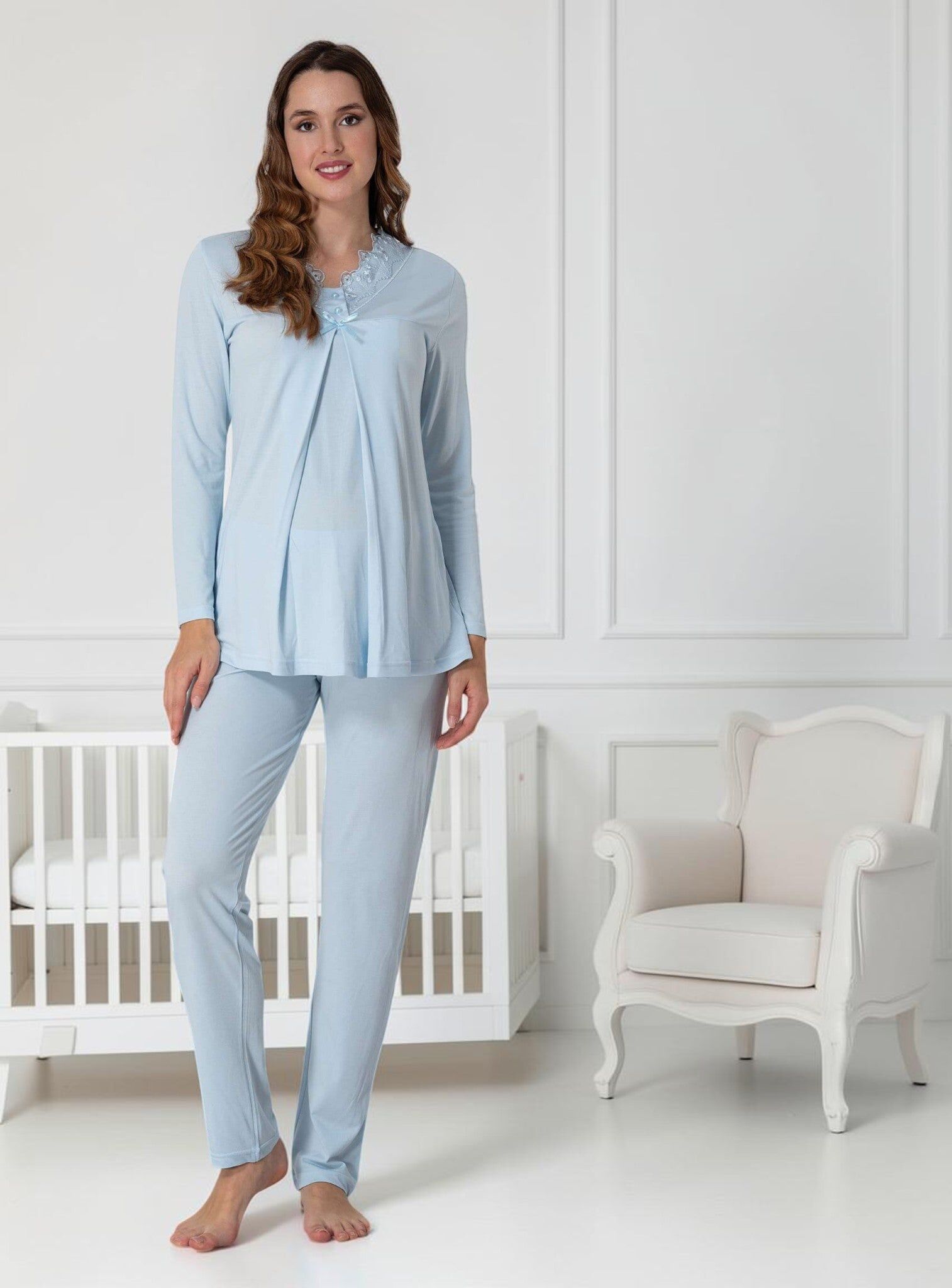 Blue Maternity Pyjamas – Lace Empire Bow