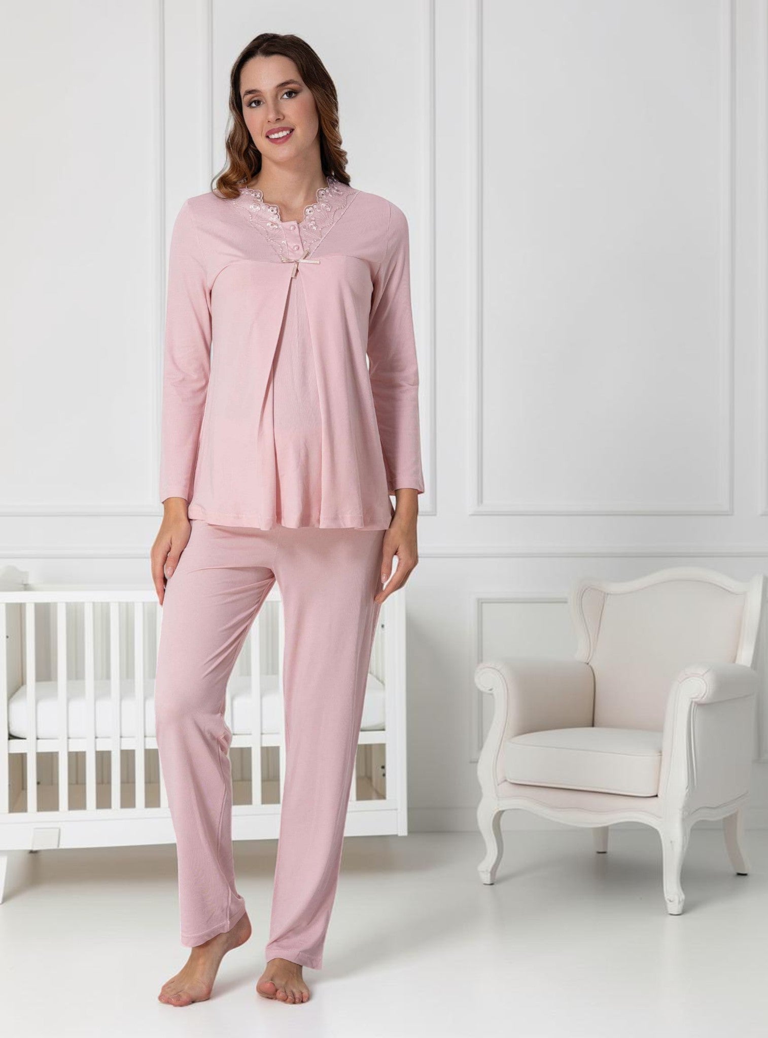 Pink Maternity Pyjamas – Lace Empire Bow