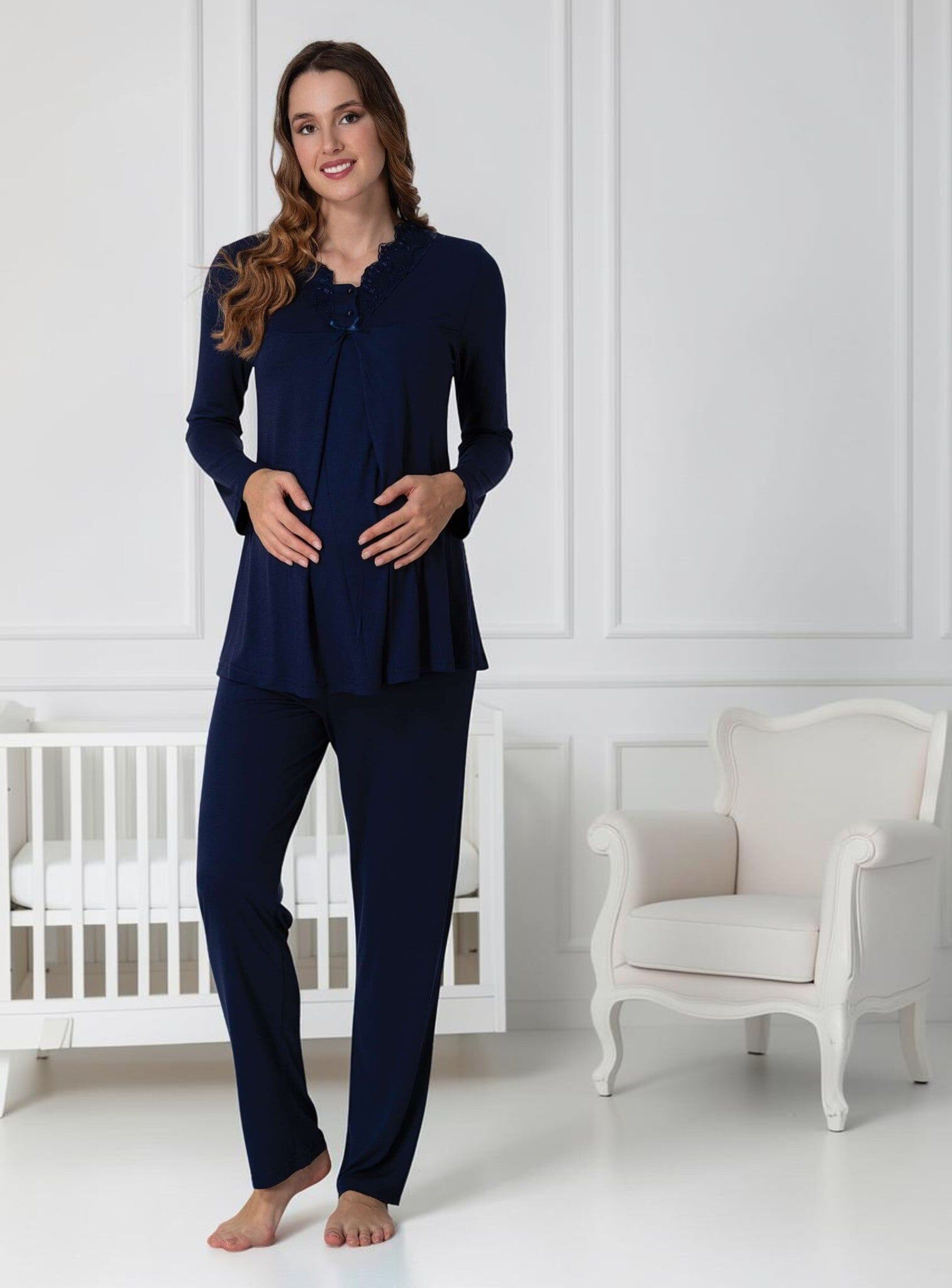 Pyjama de maternité bleu marine – Nœud empire en dentelle