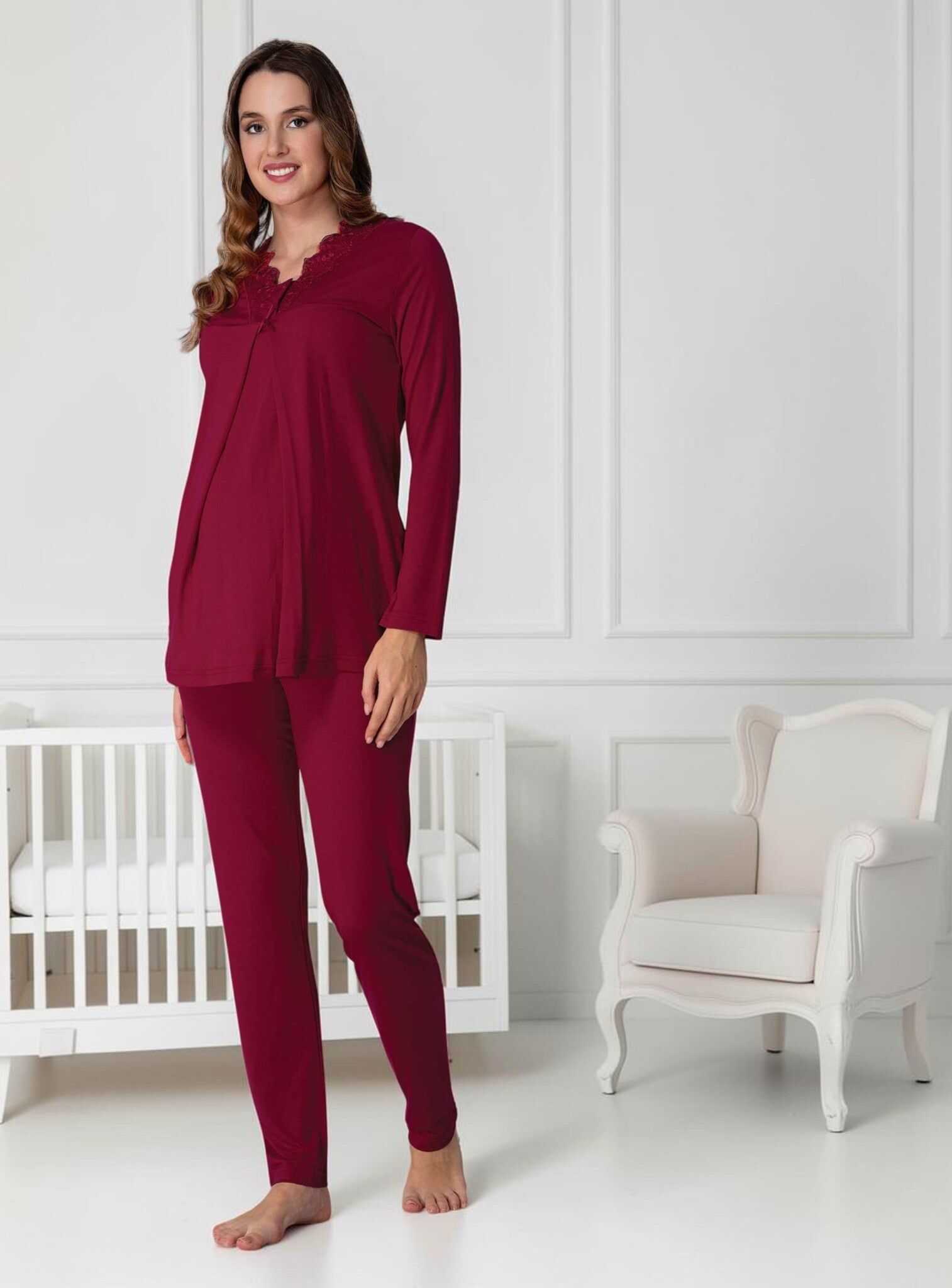 Pyjama de maternité rouge cerise – Nœud empire en dentelle