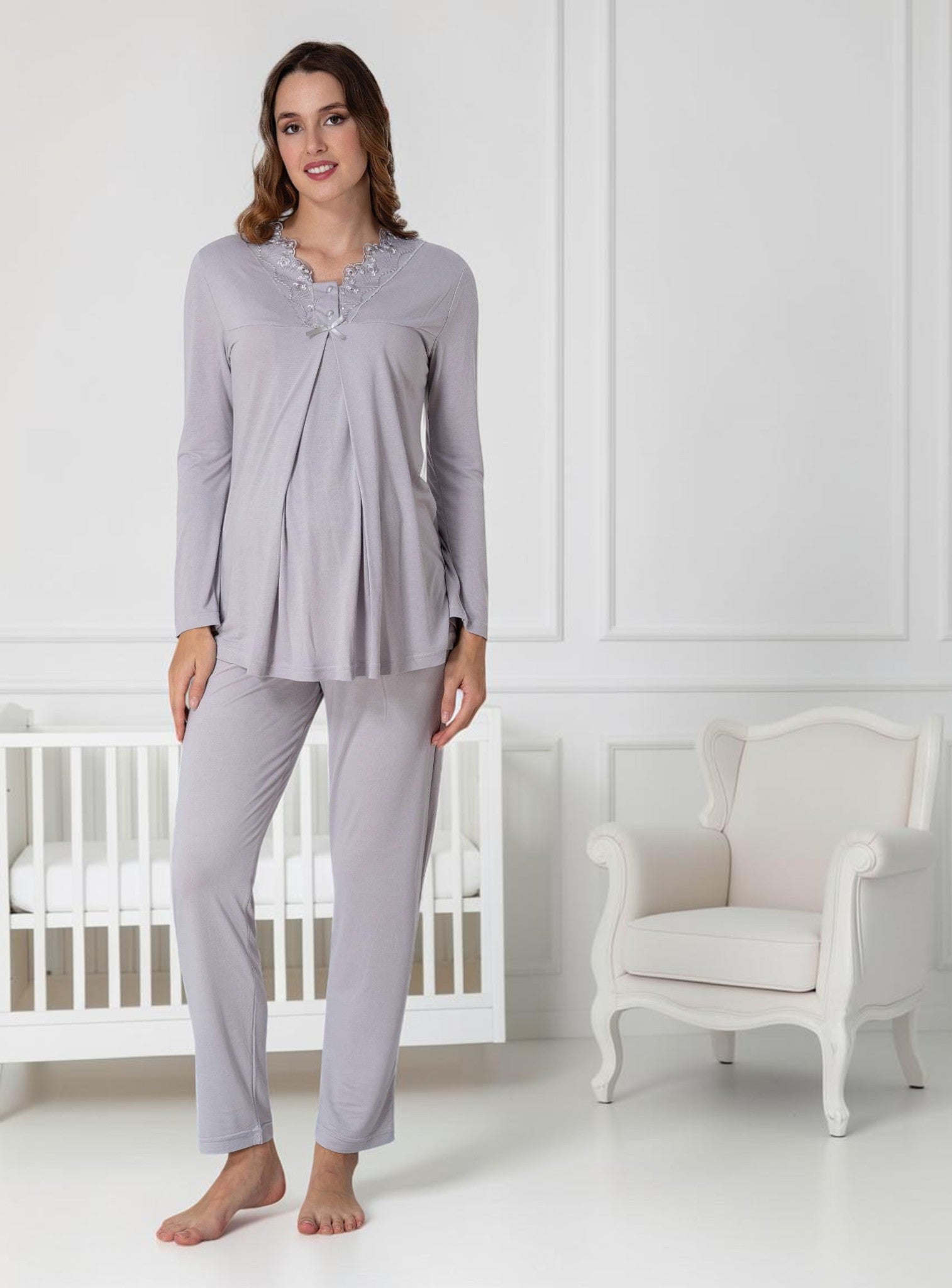 Pyjama de maternité gris – Nœud empire en dentelle