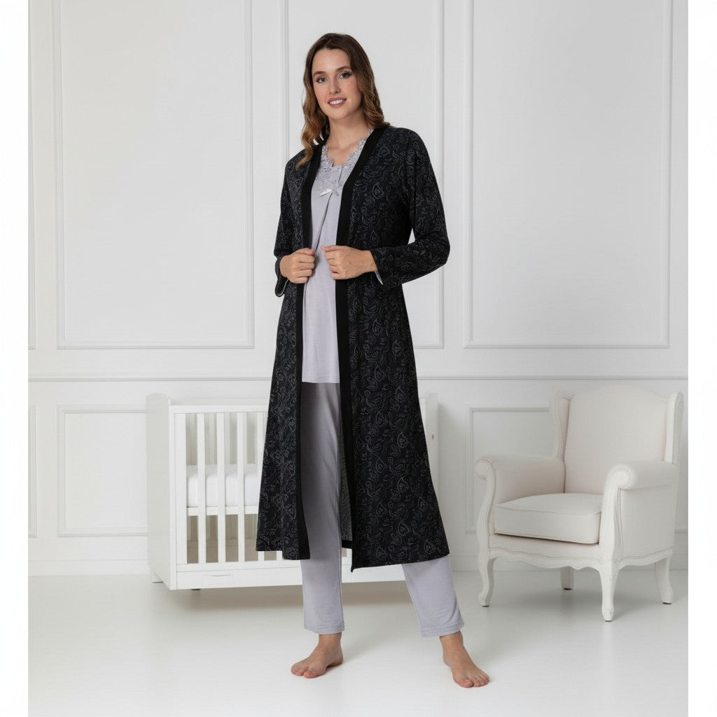 Ensemble pyjama et peignoir noirs – Motif cachemire noir