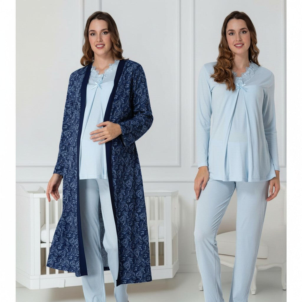 Ensemble pyjama et peignoir marine – Motif cachemire noir